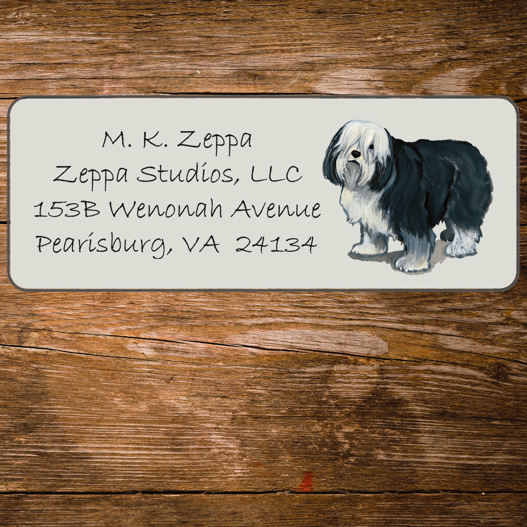 Return address label with a Polish Lowland Sheepdog illustration.