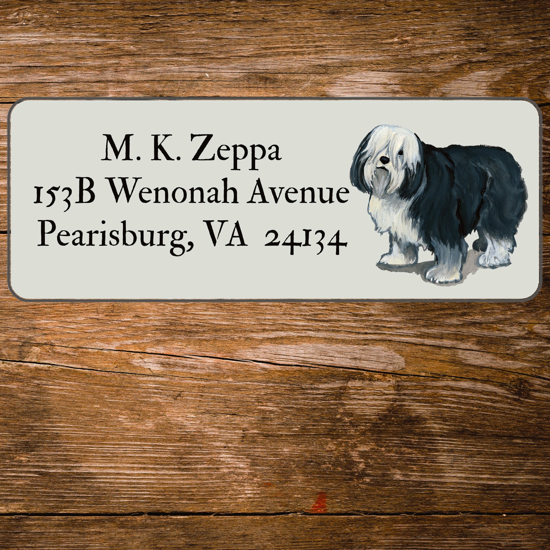 Return address label with a Polish Lowland Sheepdog illustration.