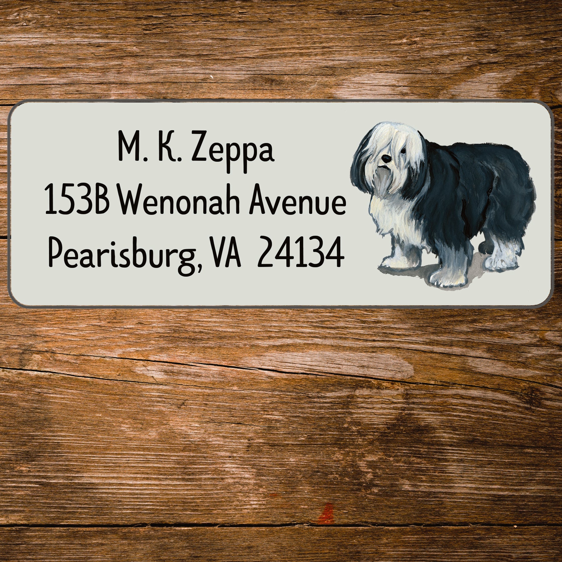 Return address label with a Polish Lowland Sheepdog illustration.
