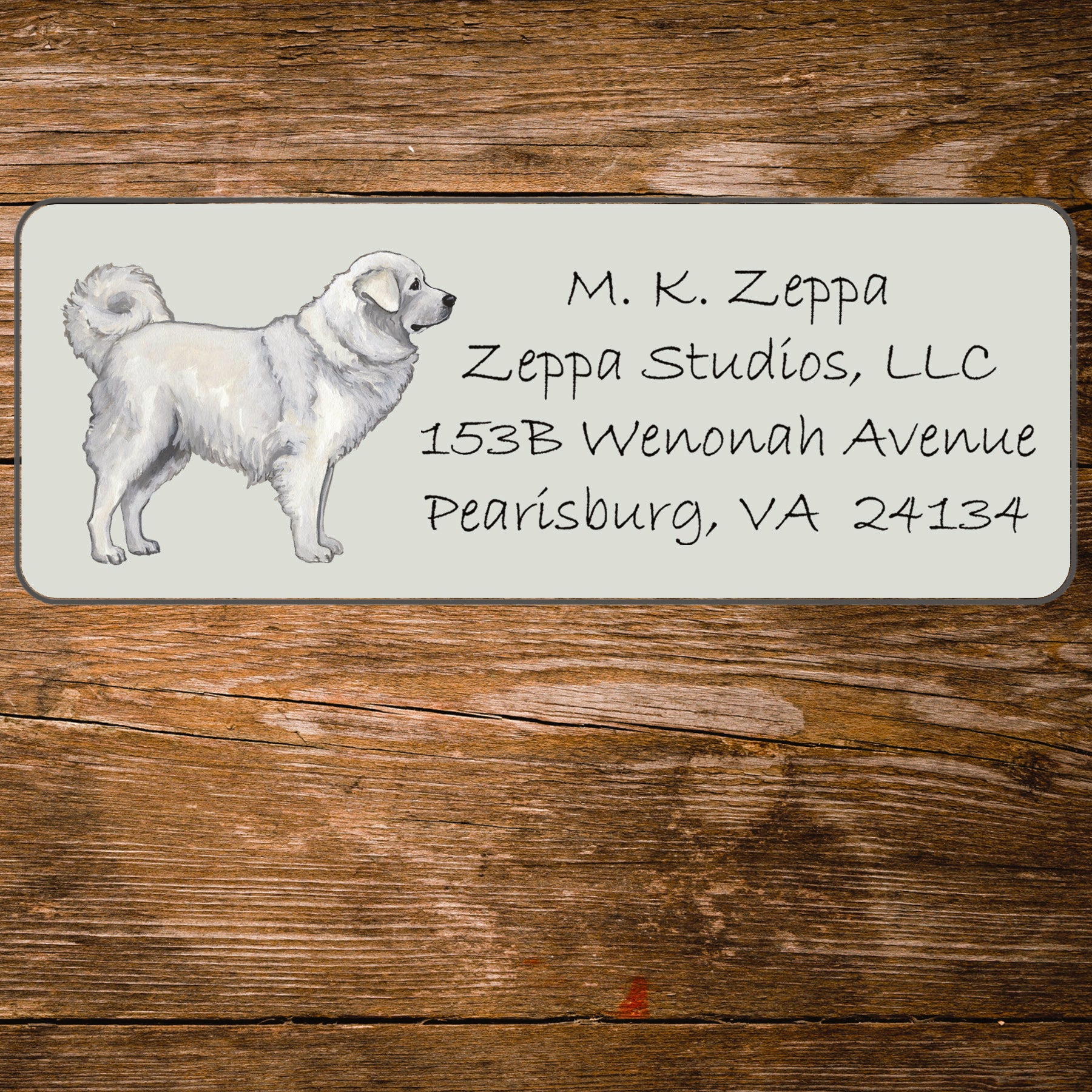 Return address label with an illustration of a Polish Tatra Sheepdog