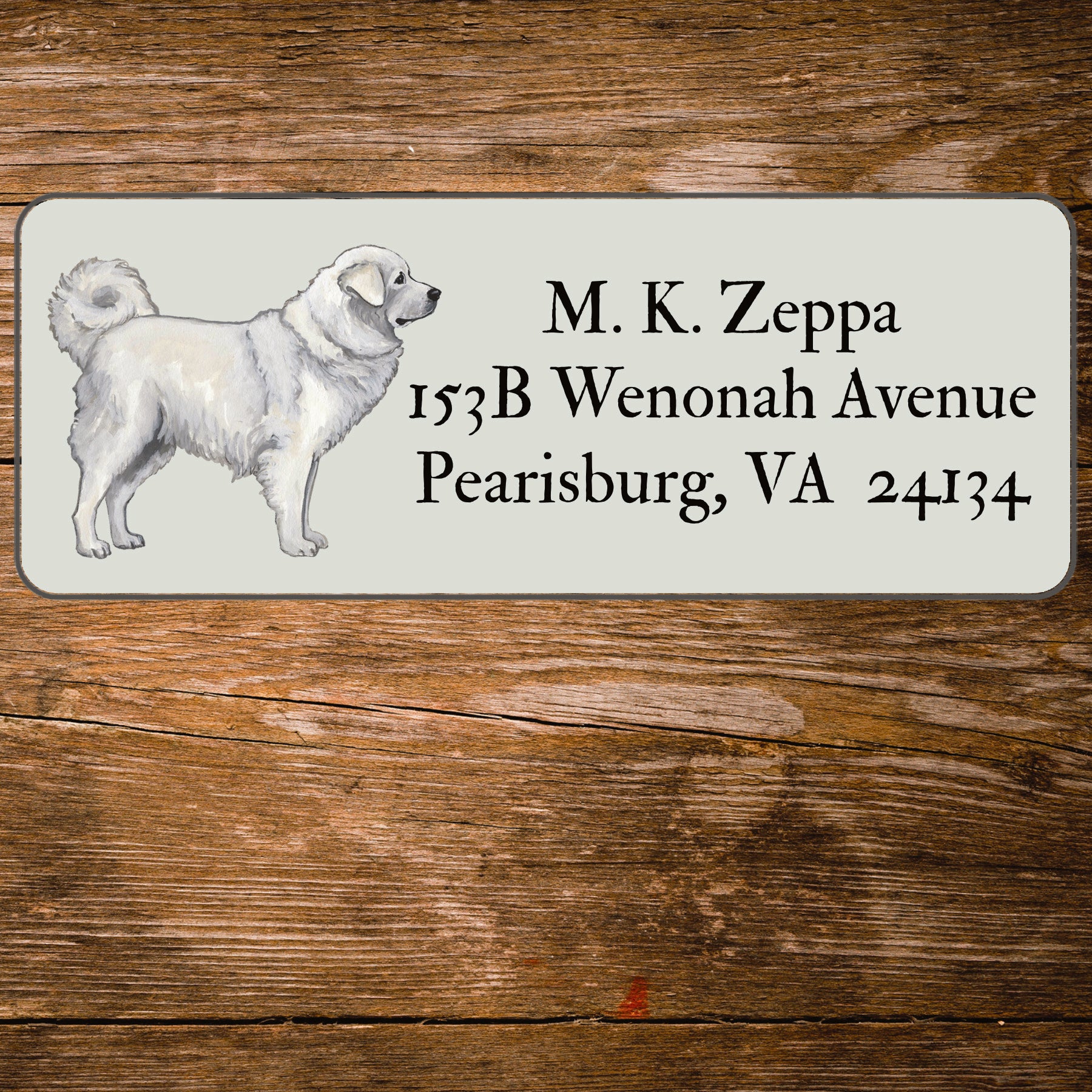 Return address label with an illustration of a Polish Tatra Sheepdog
