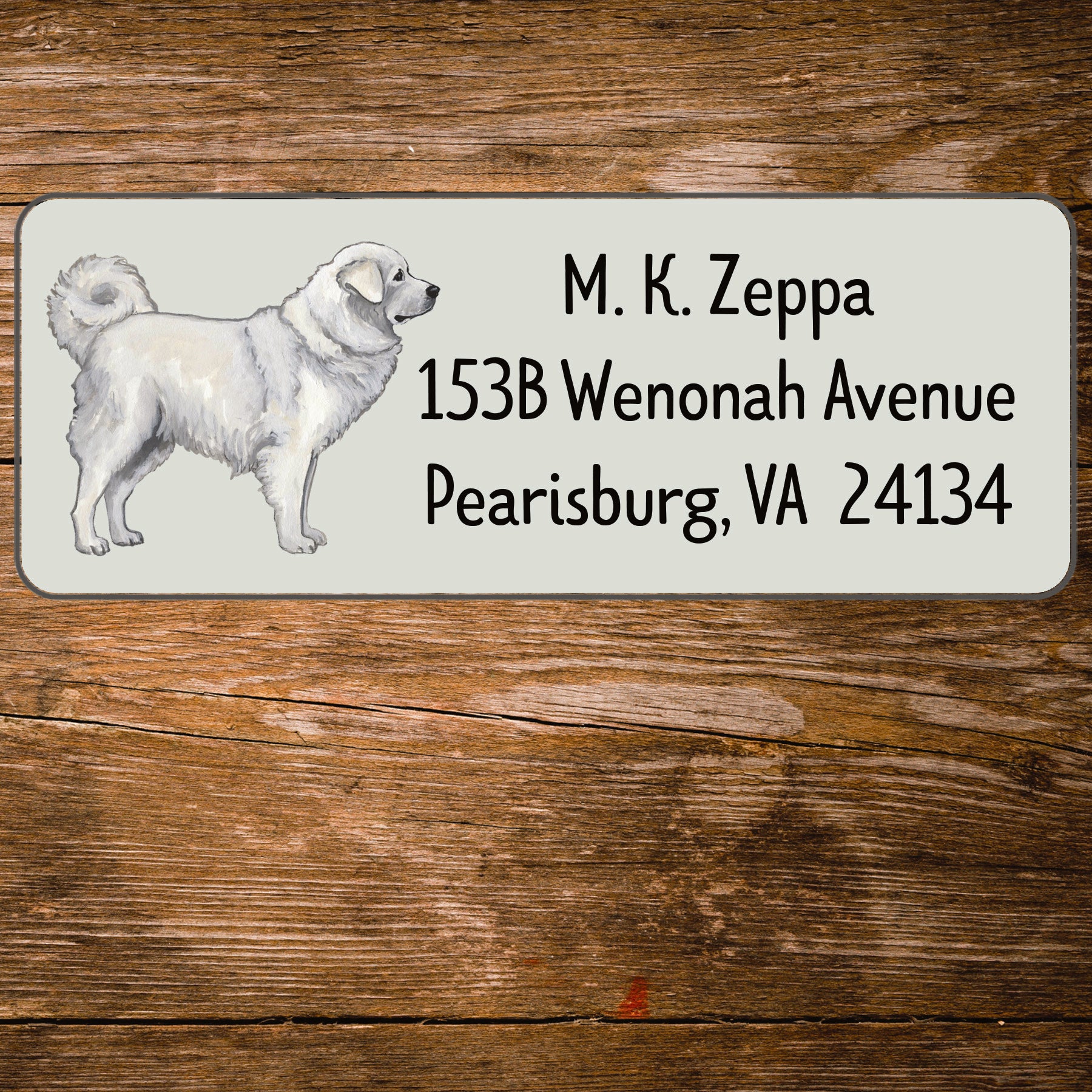 Return address label with an illustration of a Polish Tatra Sheepdog