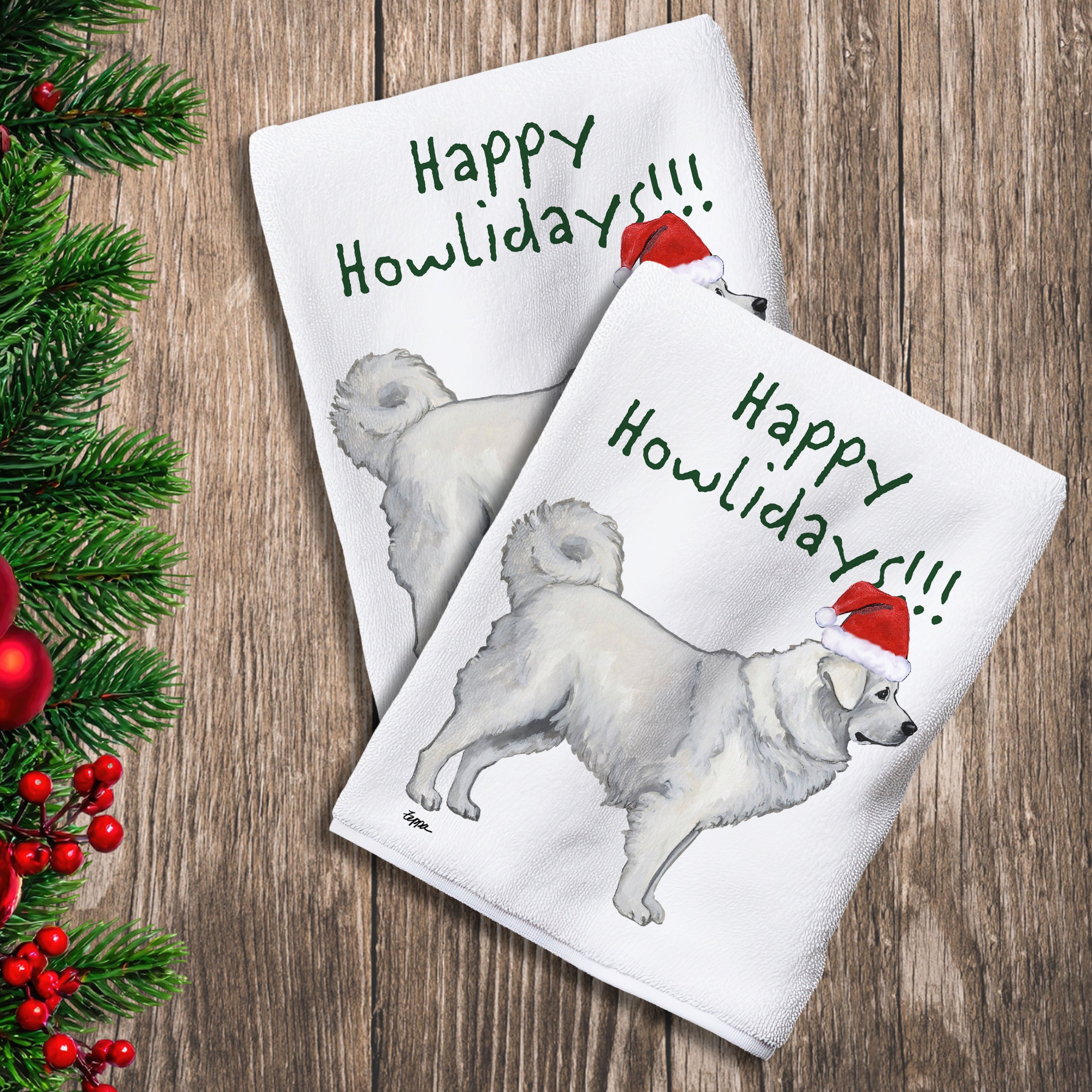 2 Kitchen Towels with a Polish Tatra Sheepdog in a Santa Hat and Happy Howlidays text.