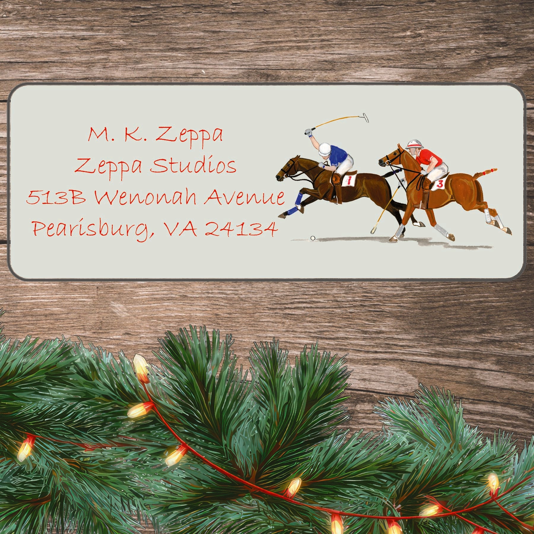 Holiday return address label with a Polo scene illustration.