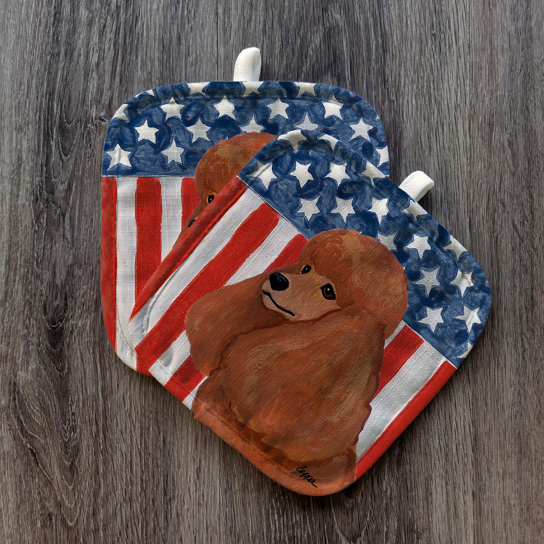 Apricot Poodle Americana Pot Holders