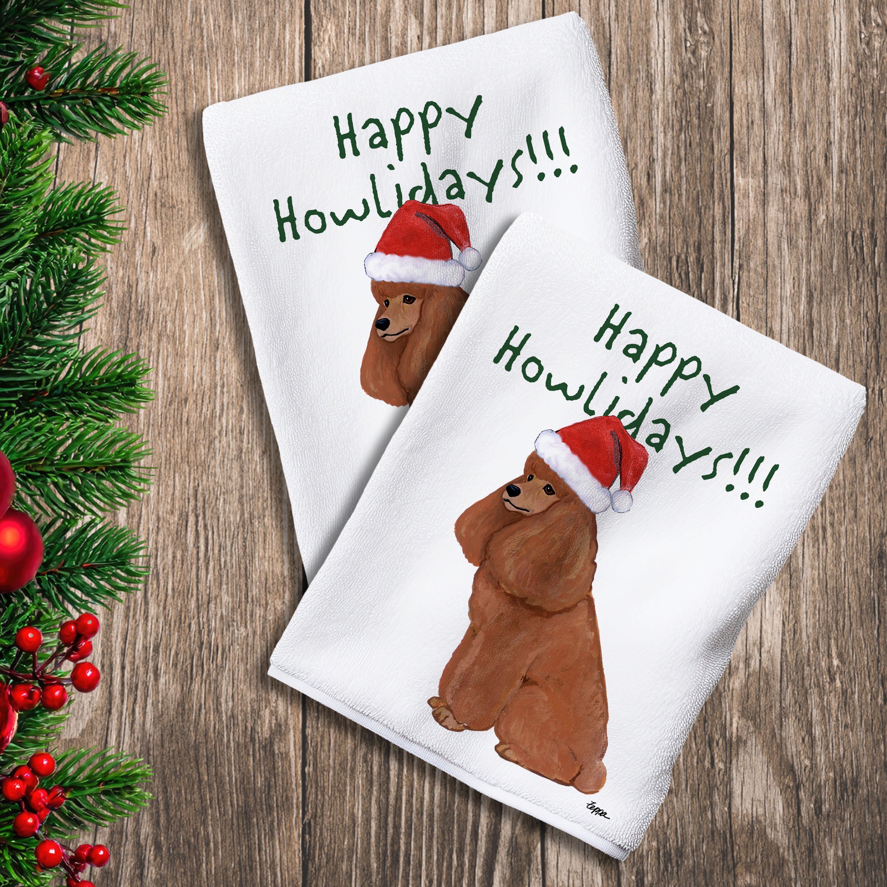 2 Kitchen Towels with an apricot Poodle in a Santa Hat and Happy Howlidays text.
