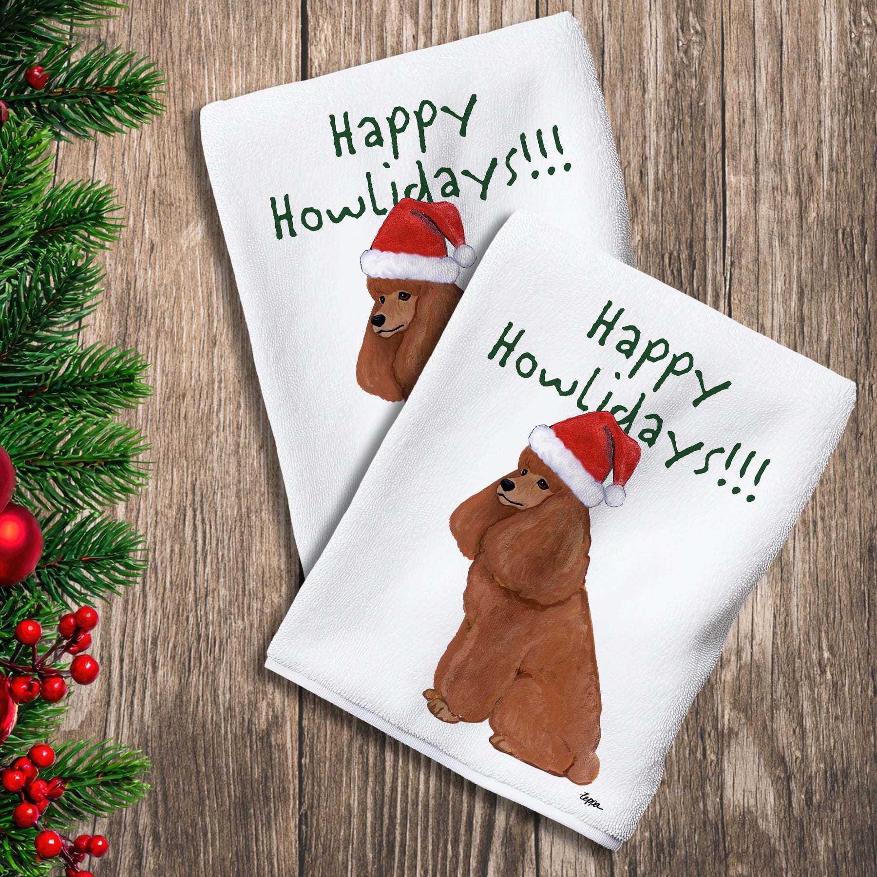 2 Kitchen Towels with an apricot Poodle in a Santa Hat and Happy Howlidays text.
