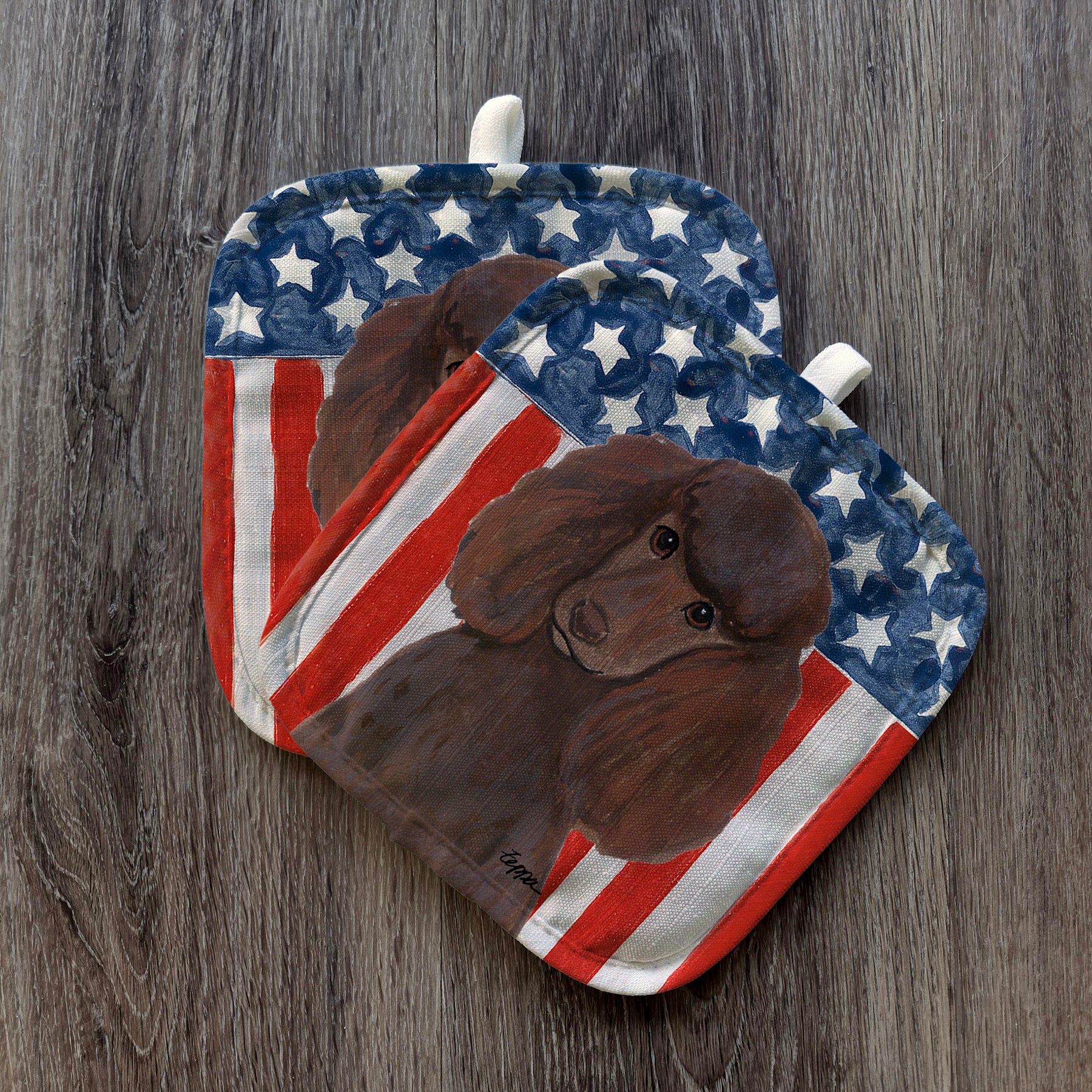 Chocolate Poodle Americana Pot Holders