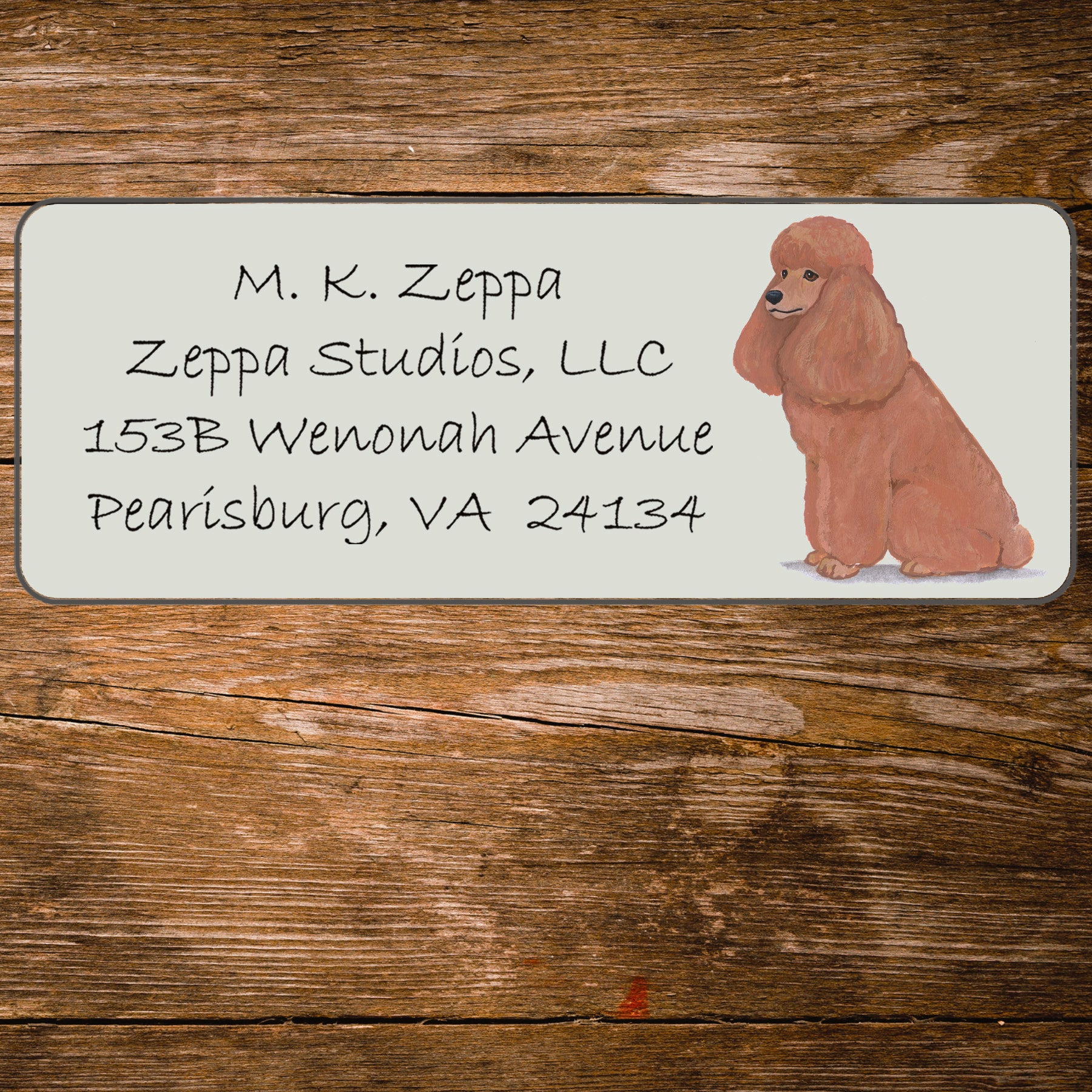 Return address label with a Poodle illustration.