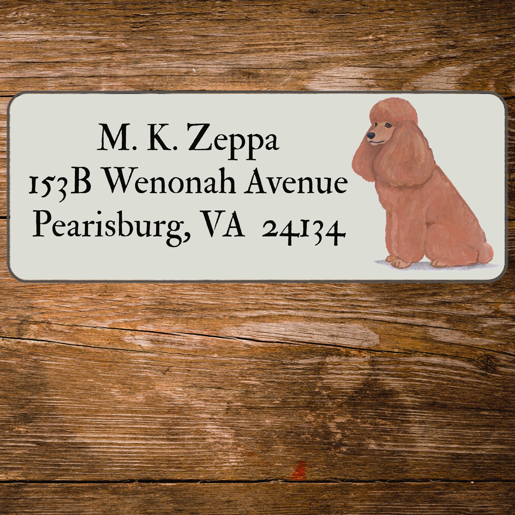 Return address label with a Poodle illustration.
