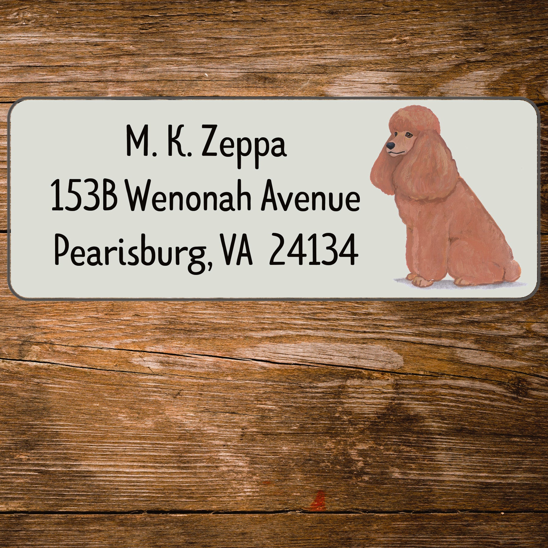 Return address label with a Poodle illustration.