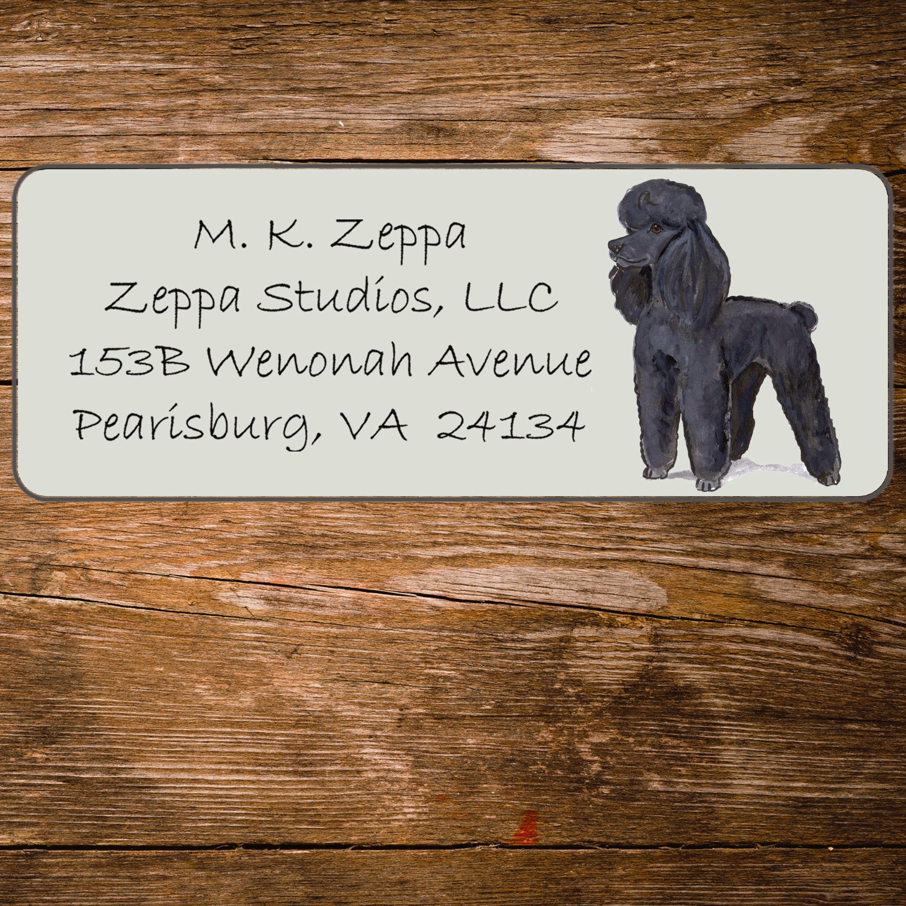 Return address label with a Poodle illustration.
