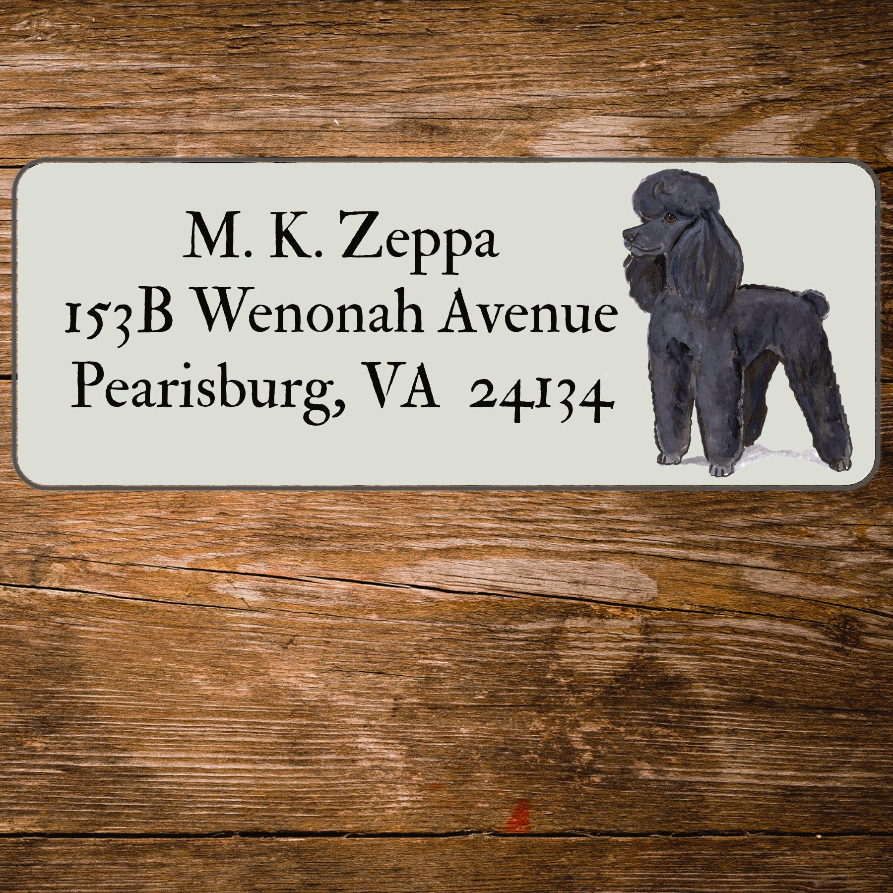 Return address label with a Poodle illustration.