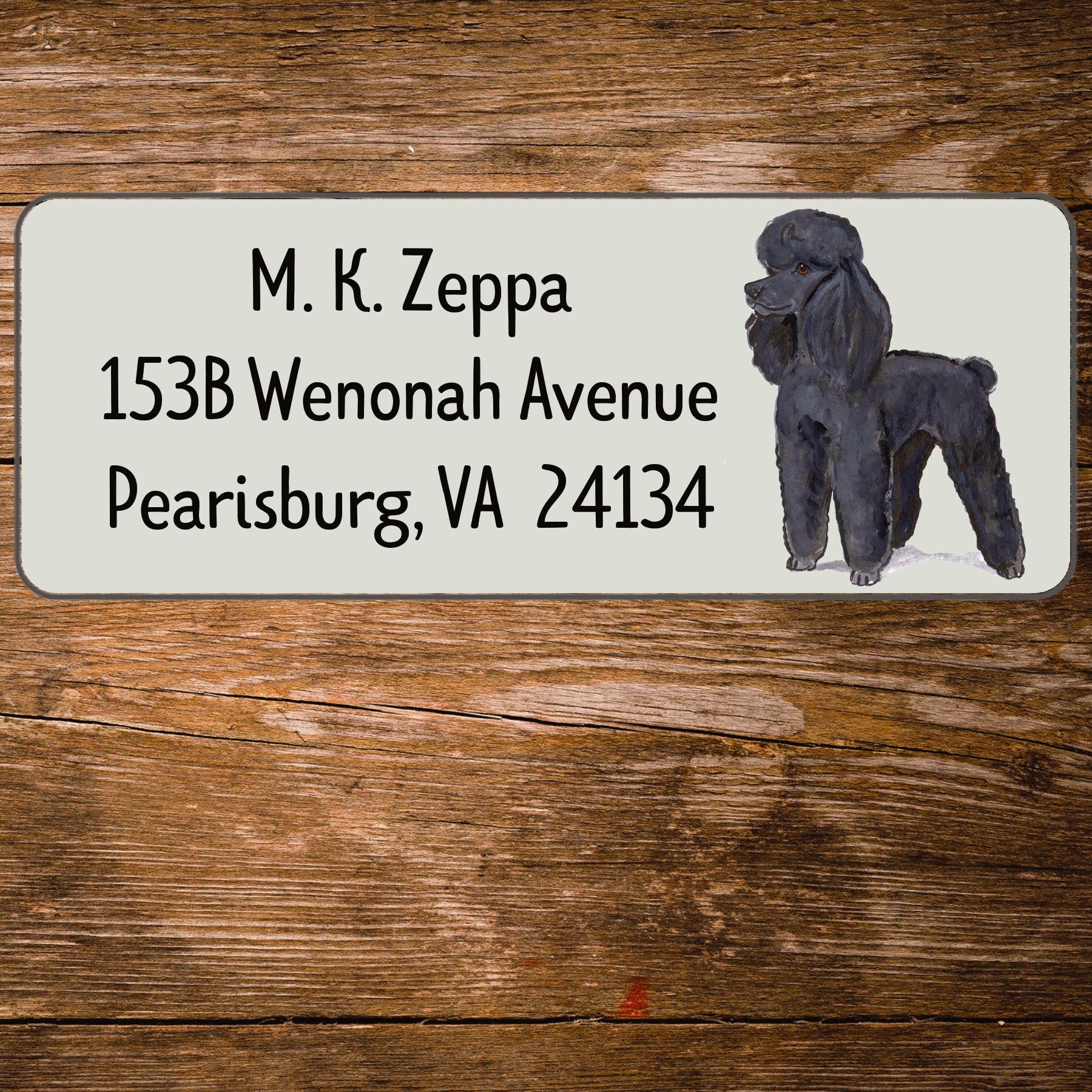 Return address label with a Poodle illustration.