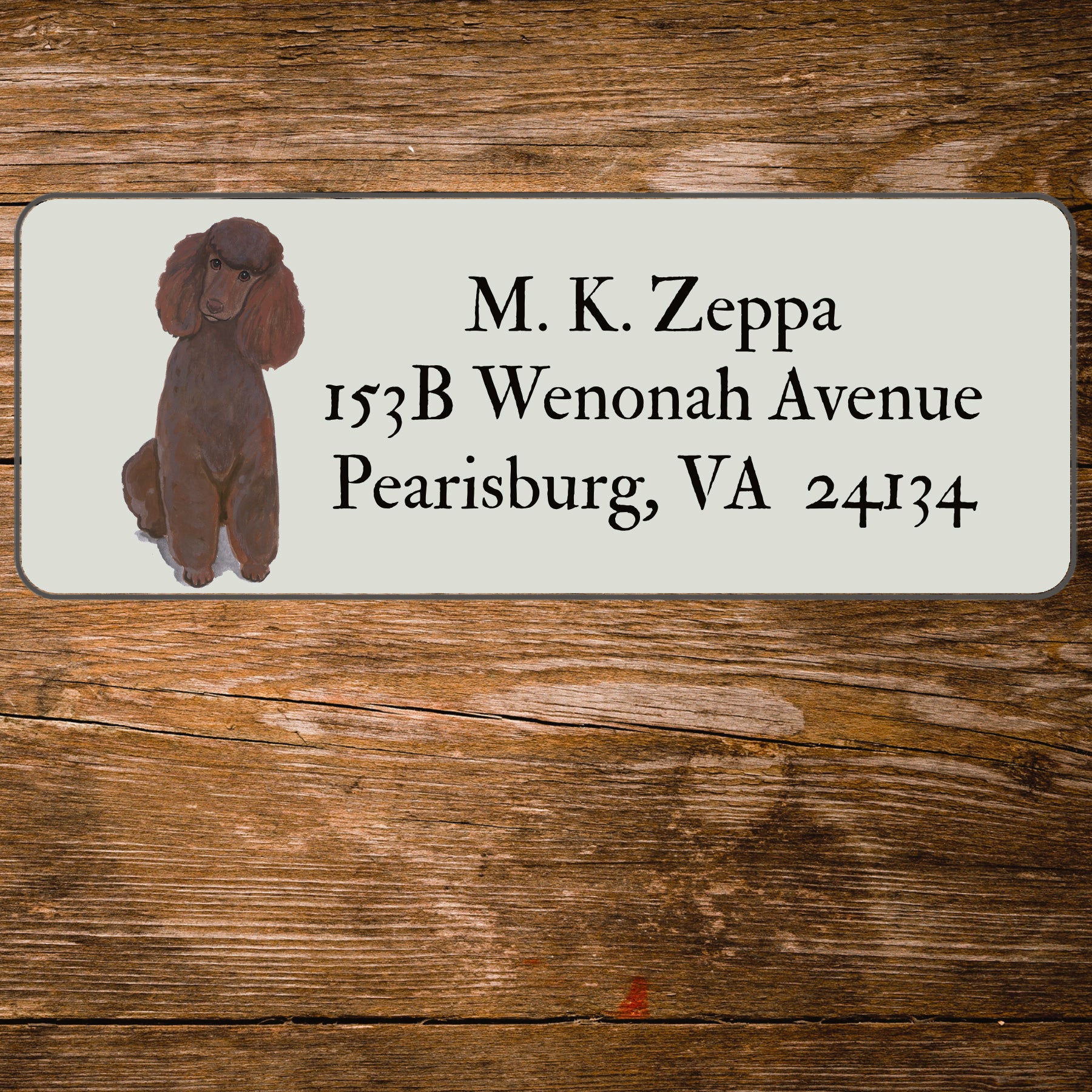 Return address label with a Poodle illustration.