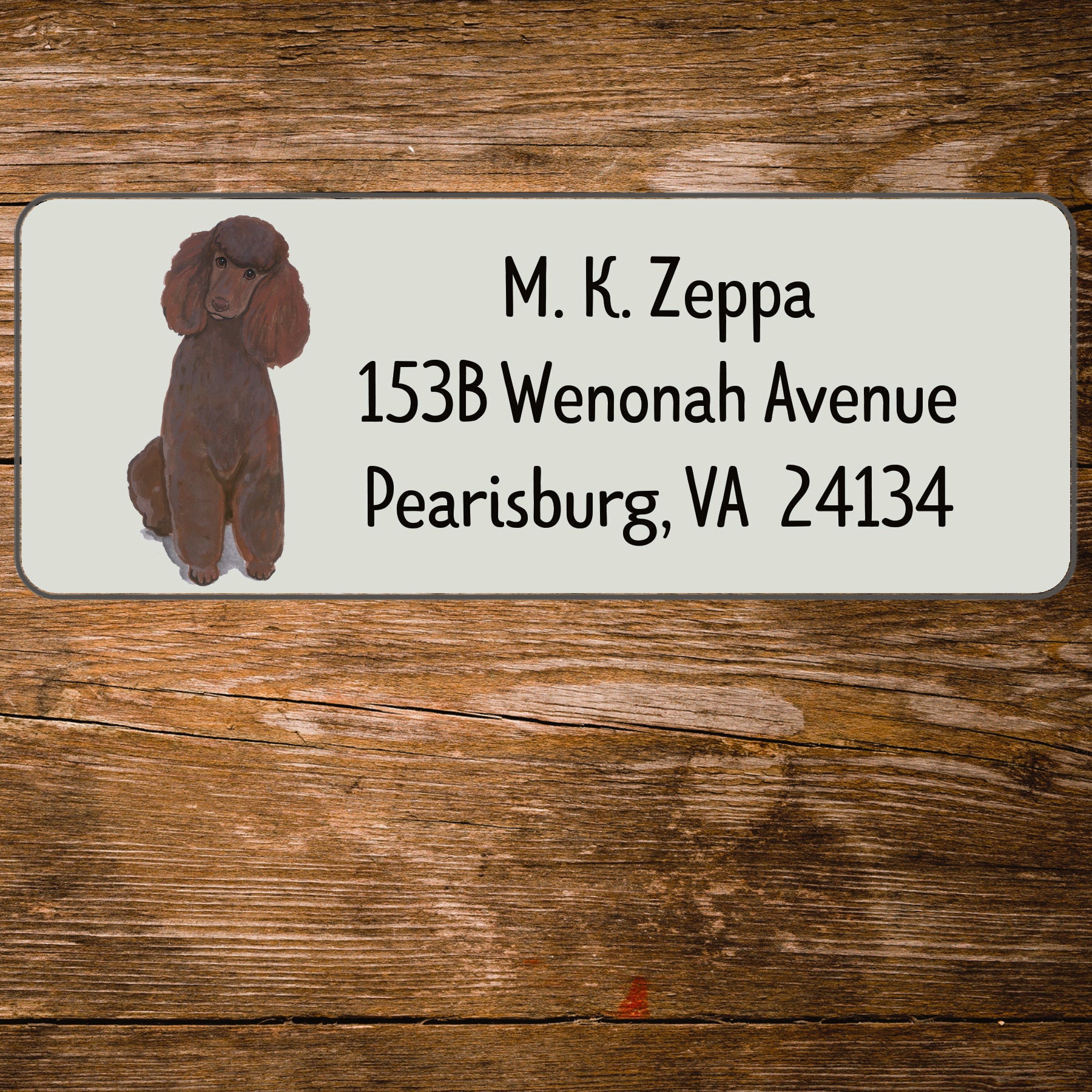 Return address label with a Poodle illustration.