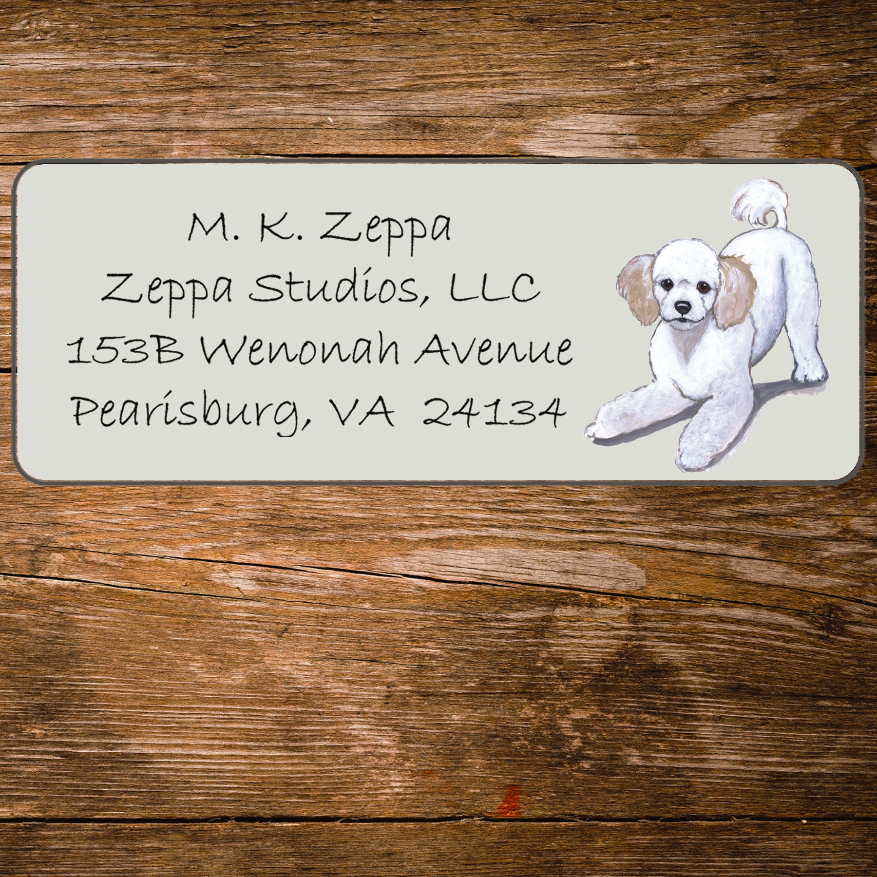Return address label with a Poodle illustration.
