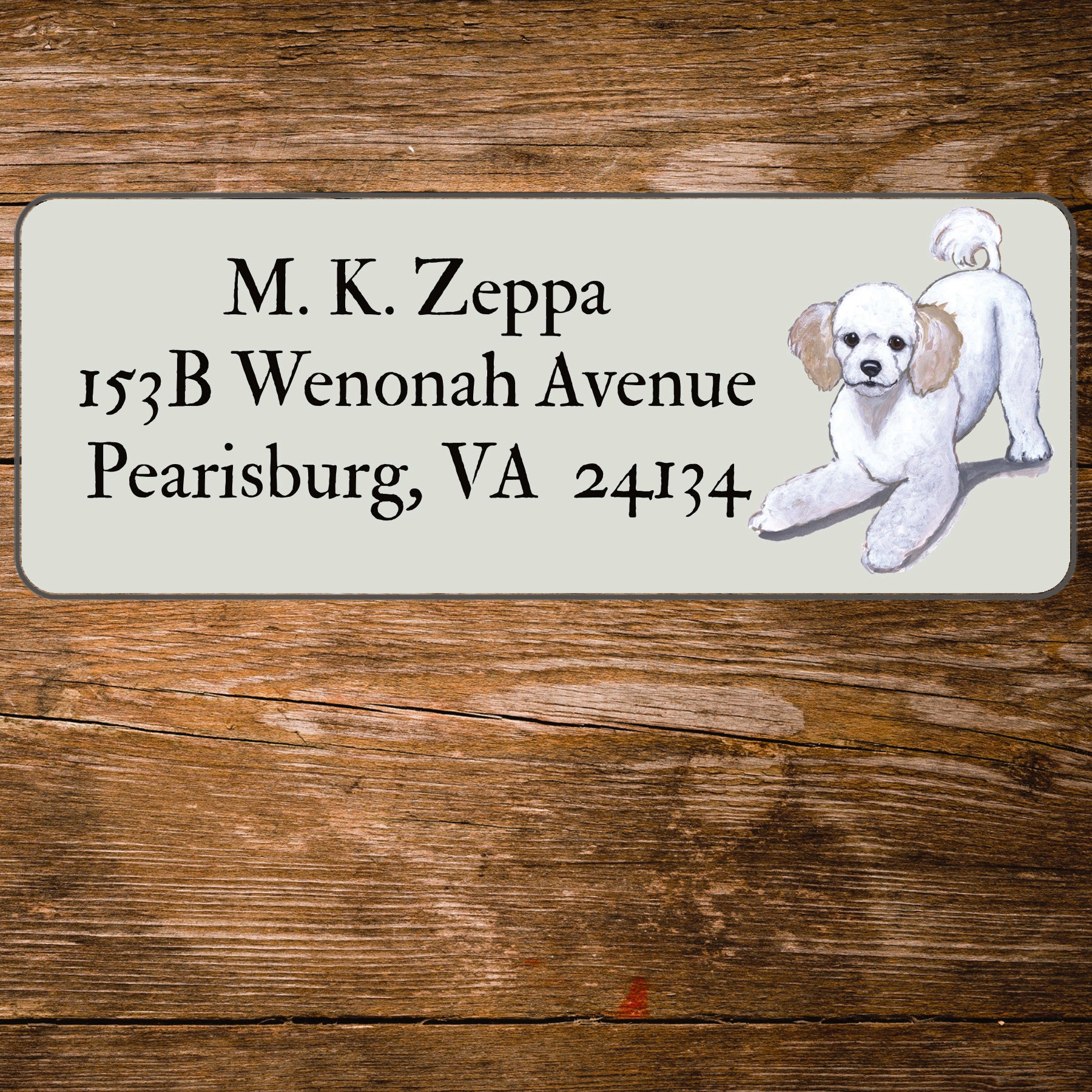 Return address label with a Poodle illustration.