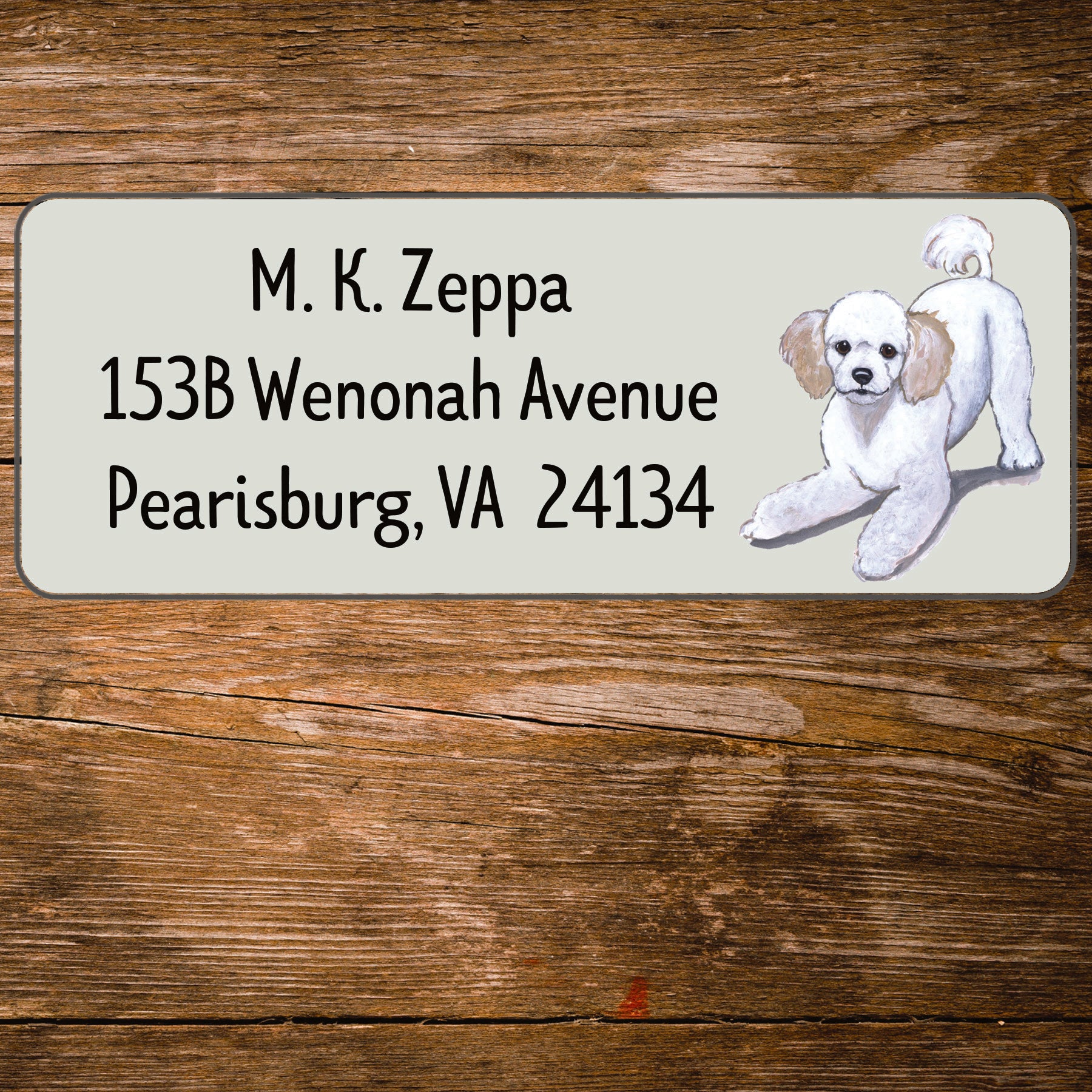 Return address label with a Poodle illustration.