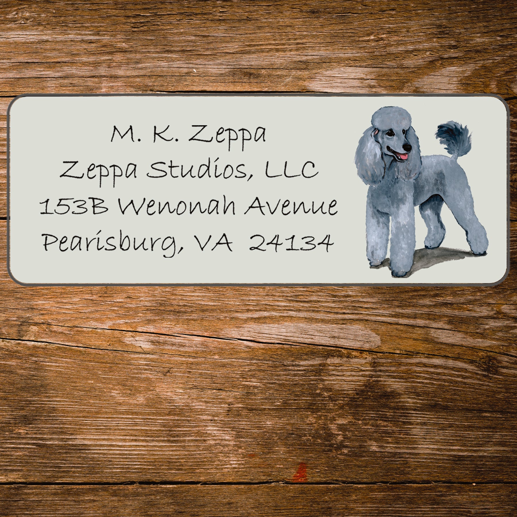Return address label with a Poodle illustration.