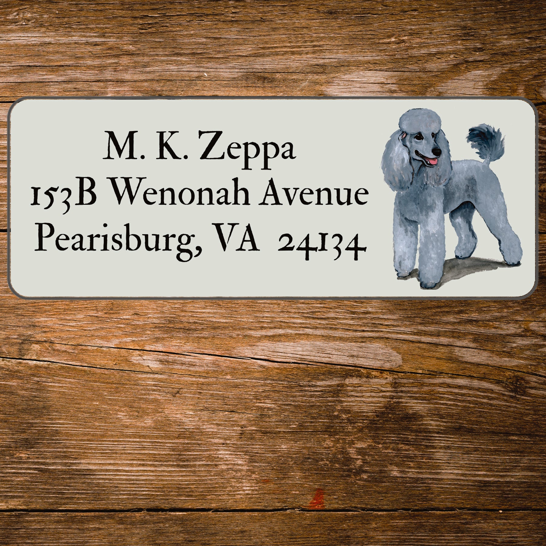 Return address label with a Poodle illustration.