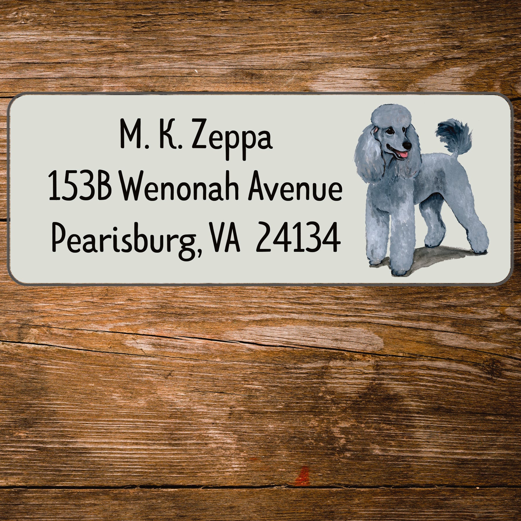 Return address label with a Poodle illustration.