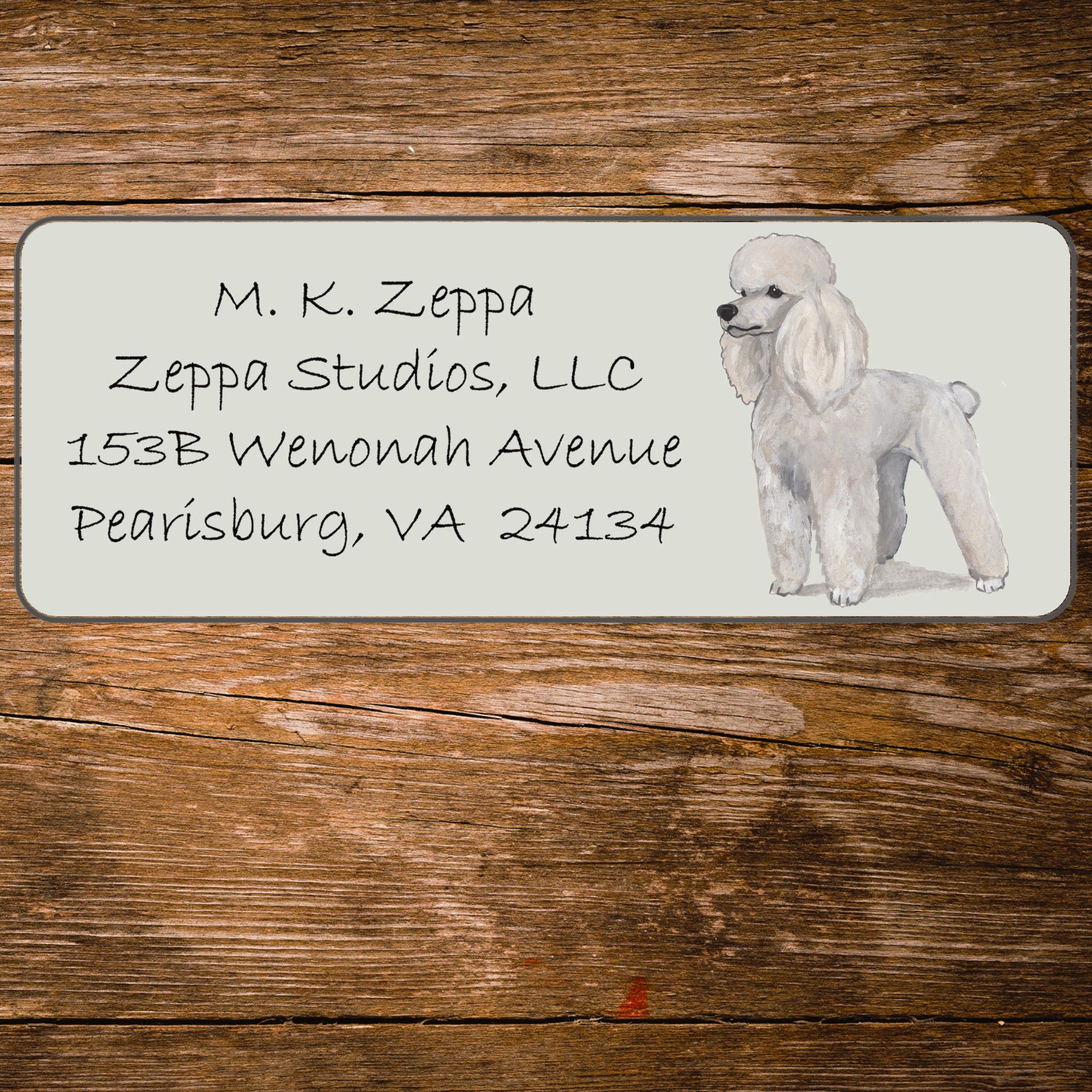 Return address label with a Poodle illustration.