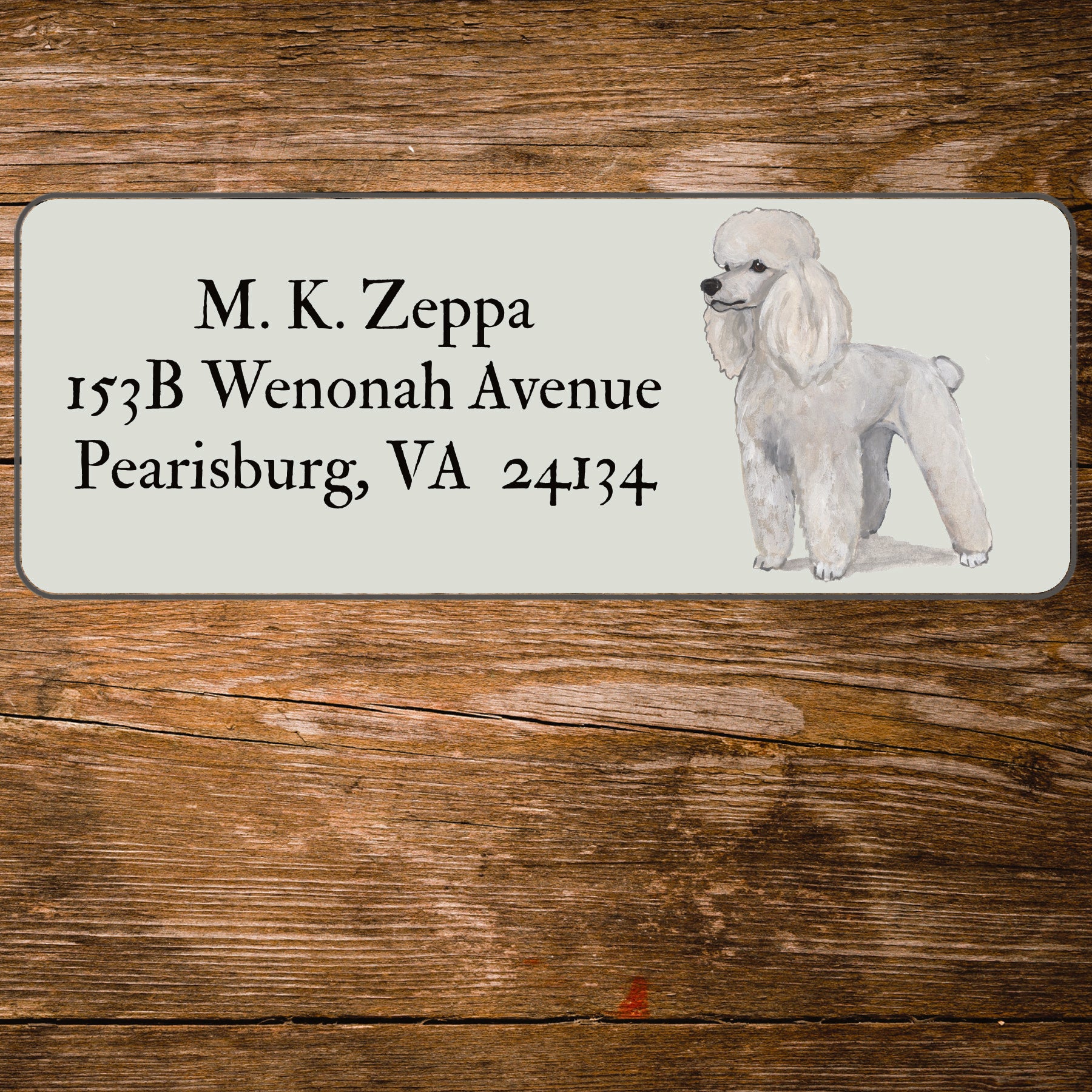 Return address label with a Poodle illustration.