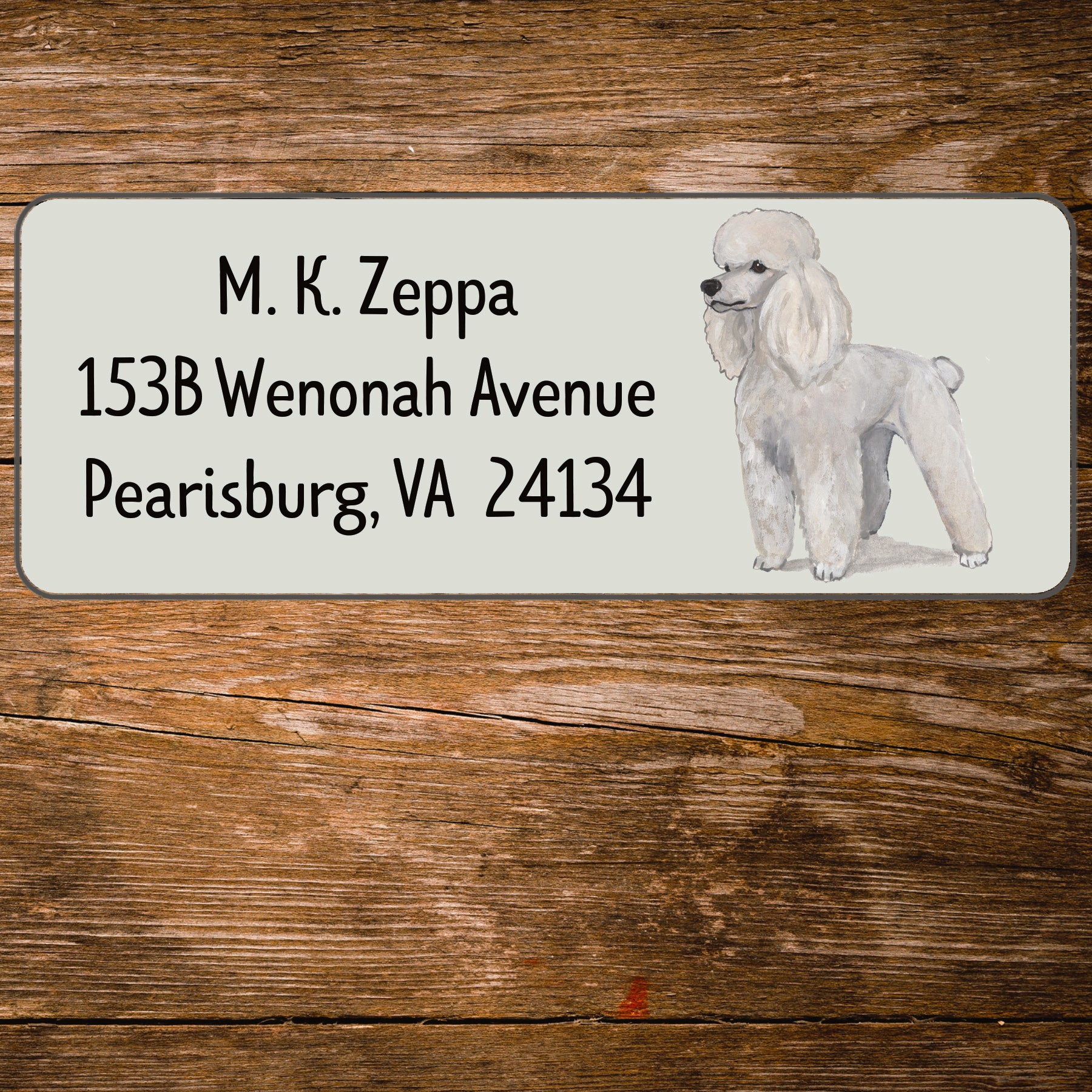 Return address label with a Poodle illustration.