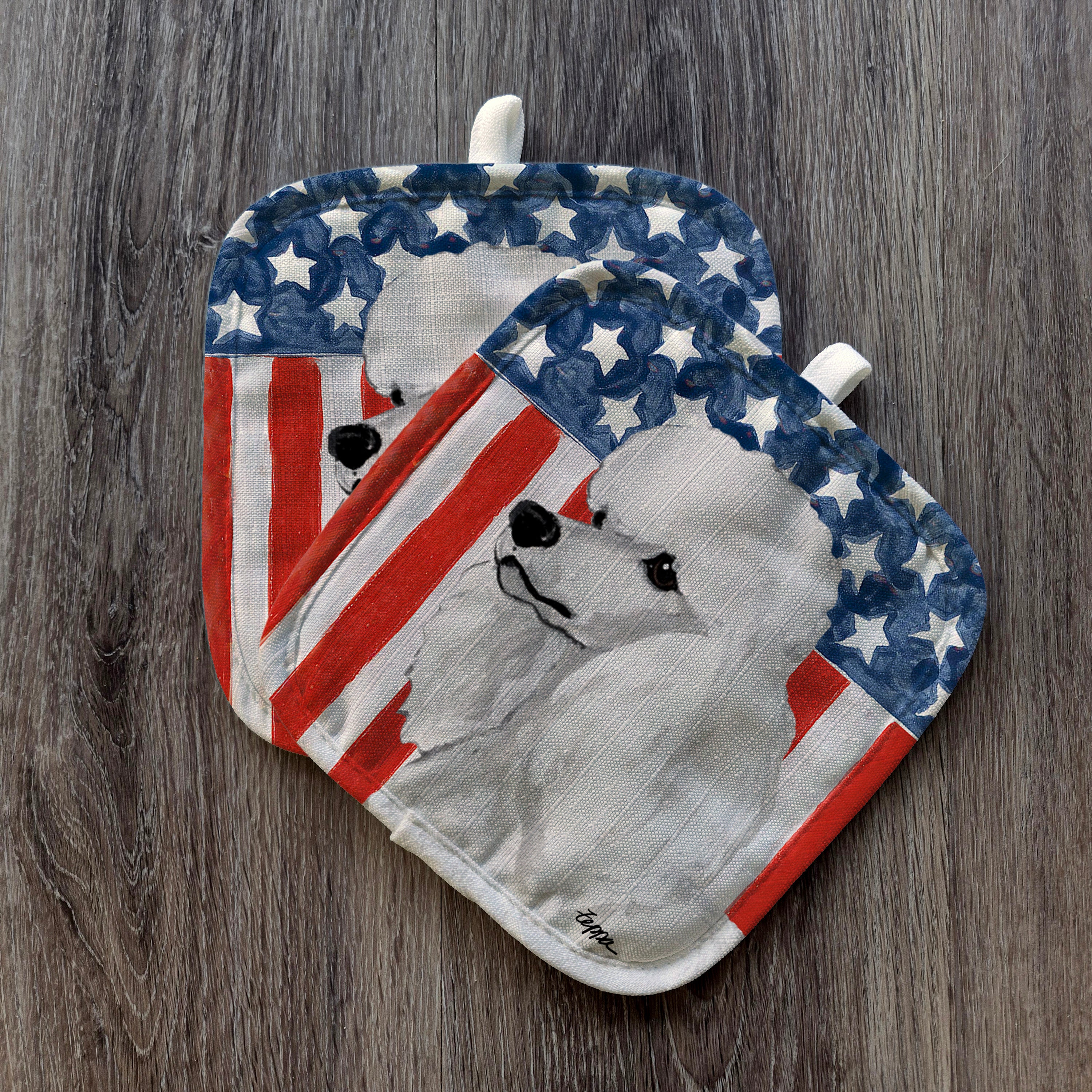 White Poodle Americana Pot Holders
