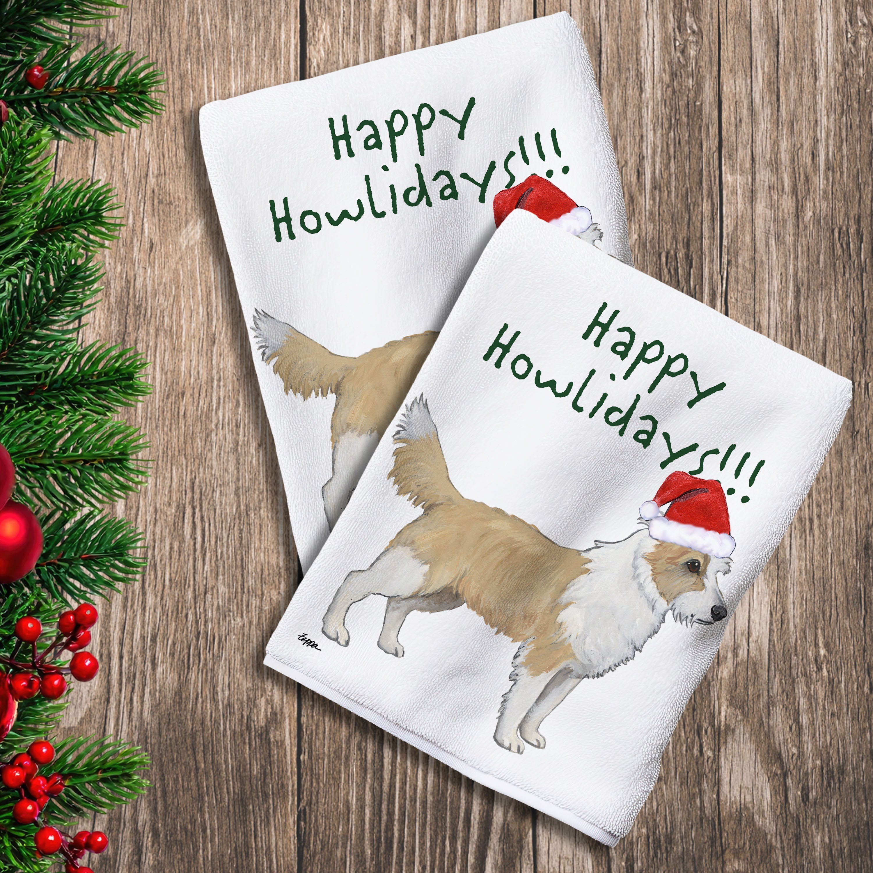 2 Kitchen Towels with a Portuguese Podengo Pequeno in a Santa Hat and Happy Howlidays text.