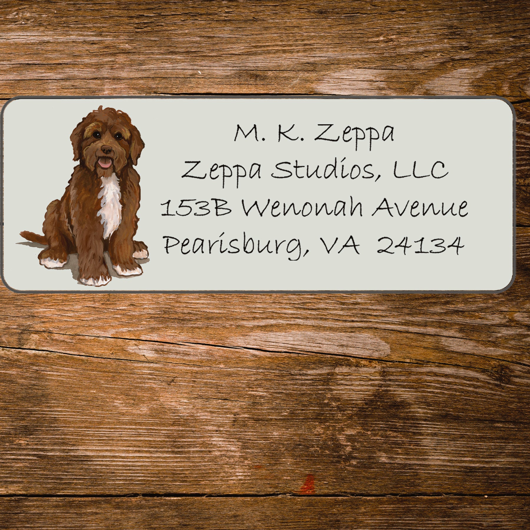 Return address label with a Portuguese Water Dog illustration.