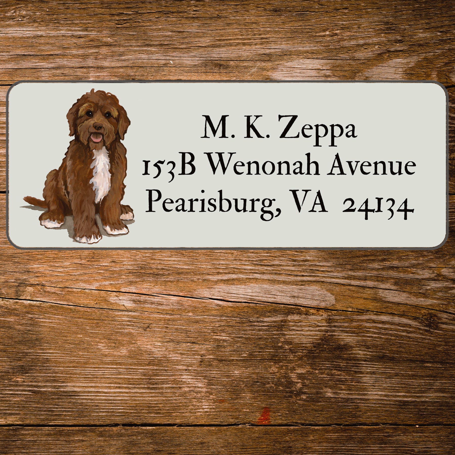 Return address label with a Portuguese Water Dog illustration.