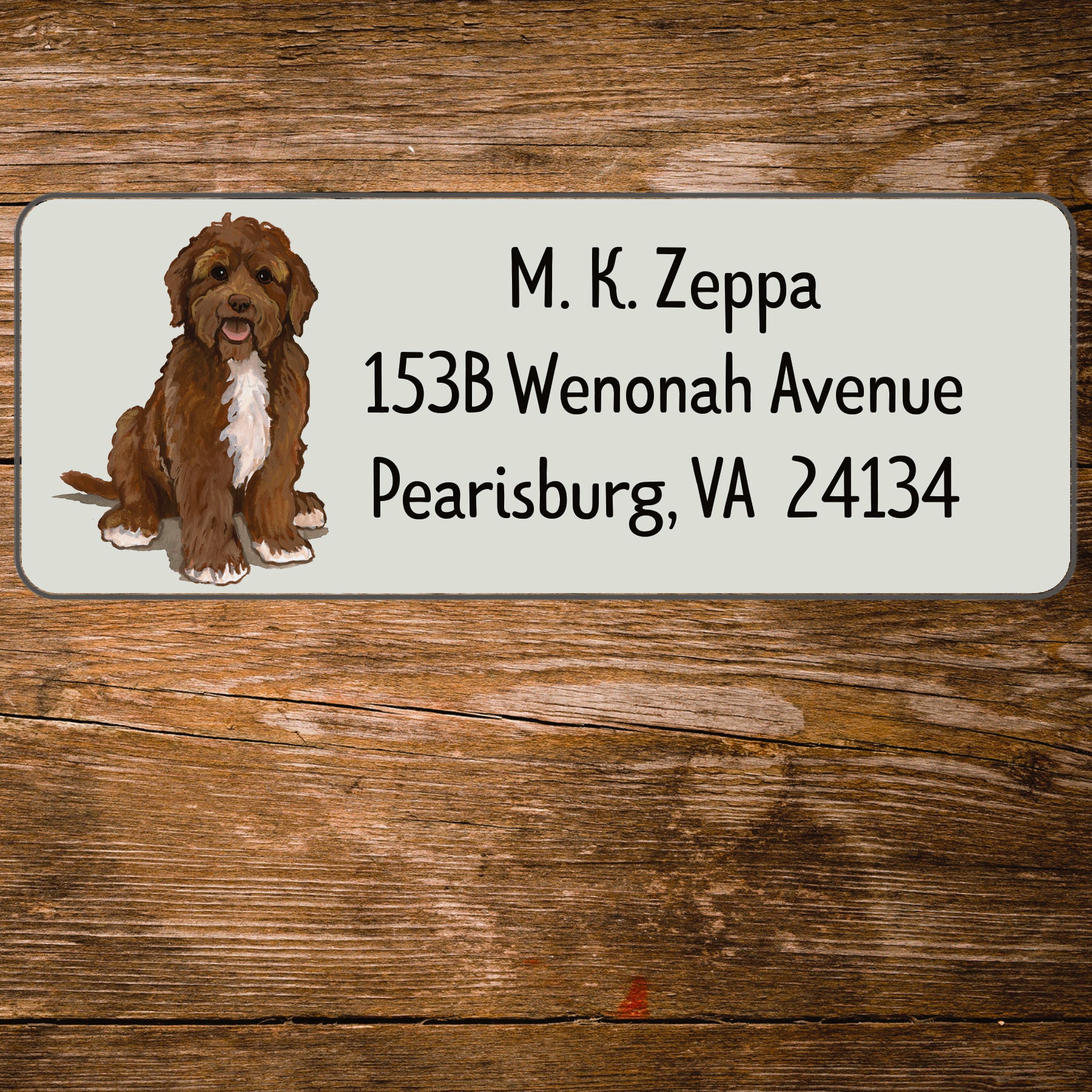 Return address label with a Portuguese Water Dog illustration.
