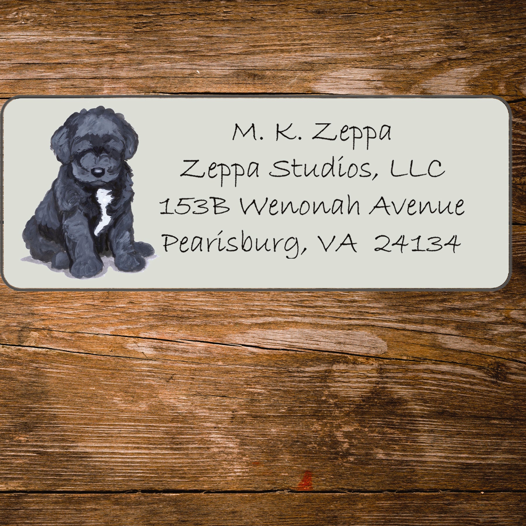 Return address label with a Portuguese Water Dog illustration.