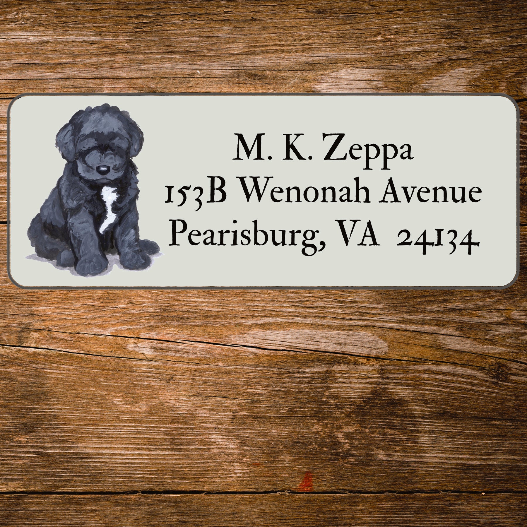 Return address label with a Portuguese Water Dog illustration.