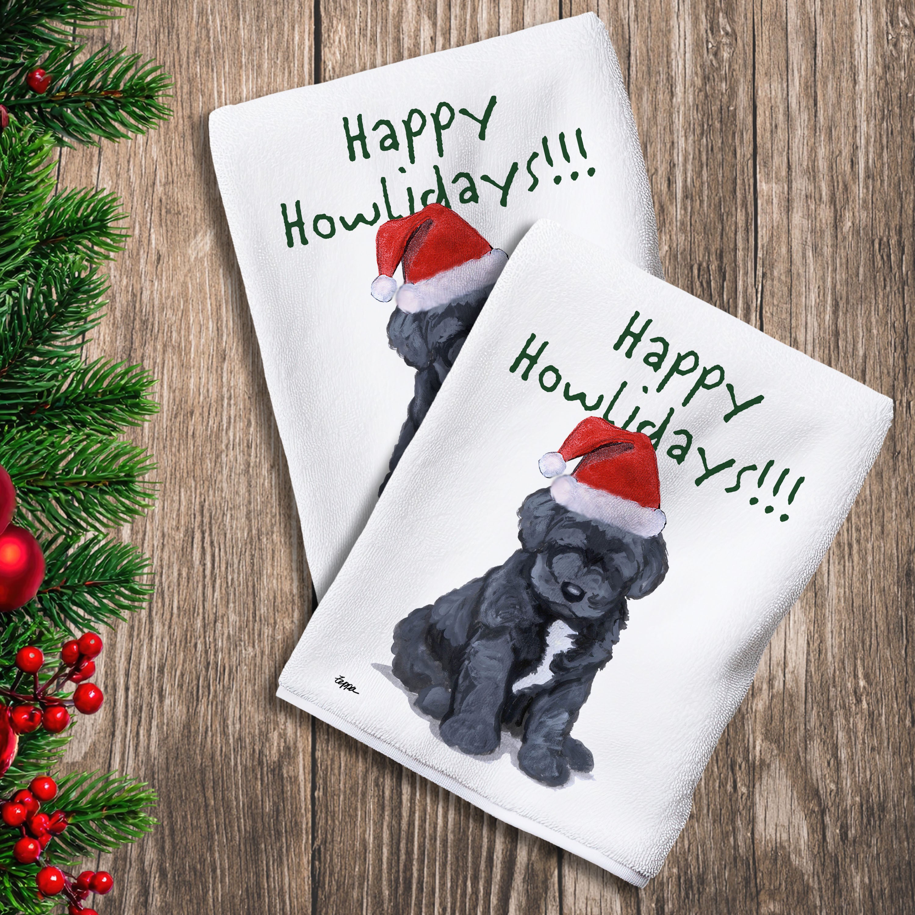 2 Kitchen Towels with a Portuguese Water Dog puppy in a Santa Hat and Happy Howlidays text.
