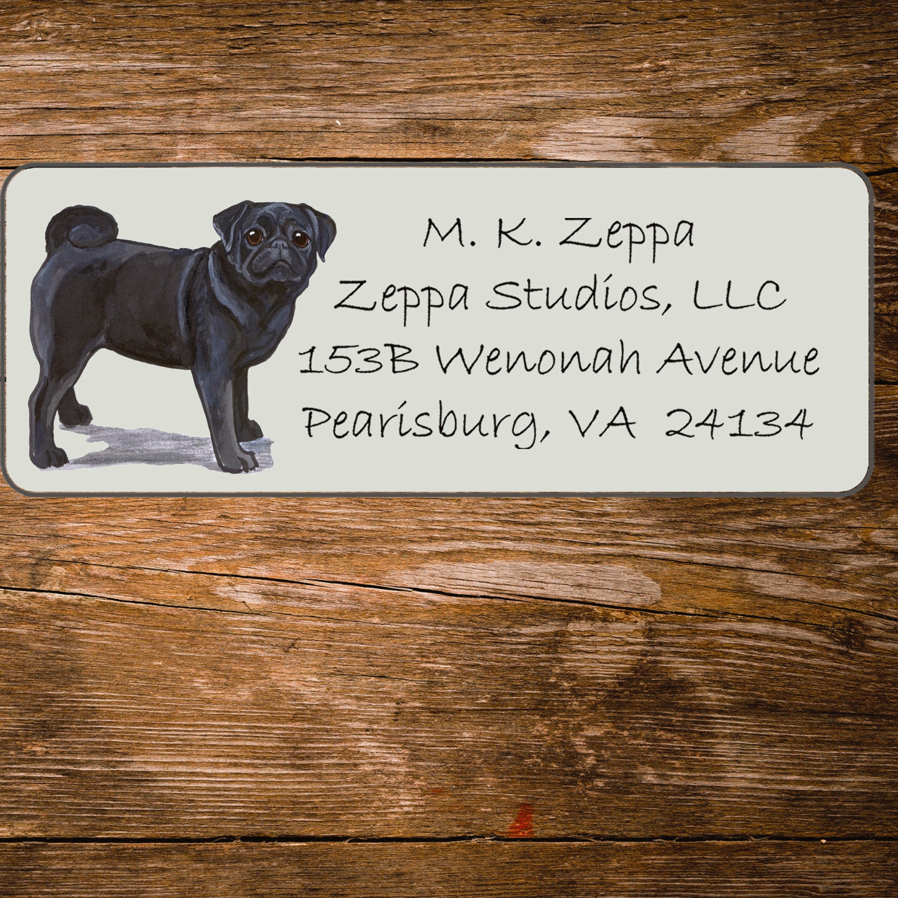 Return address label with a Pug Dog illustration.