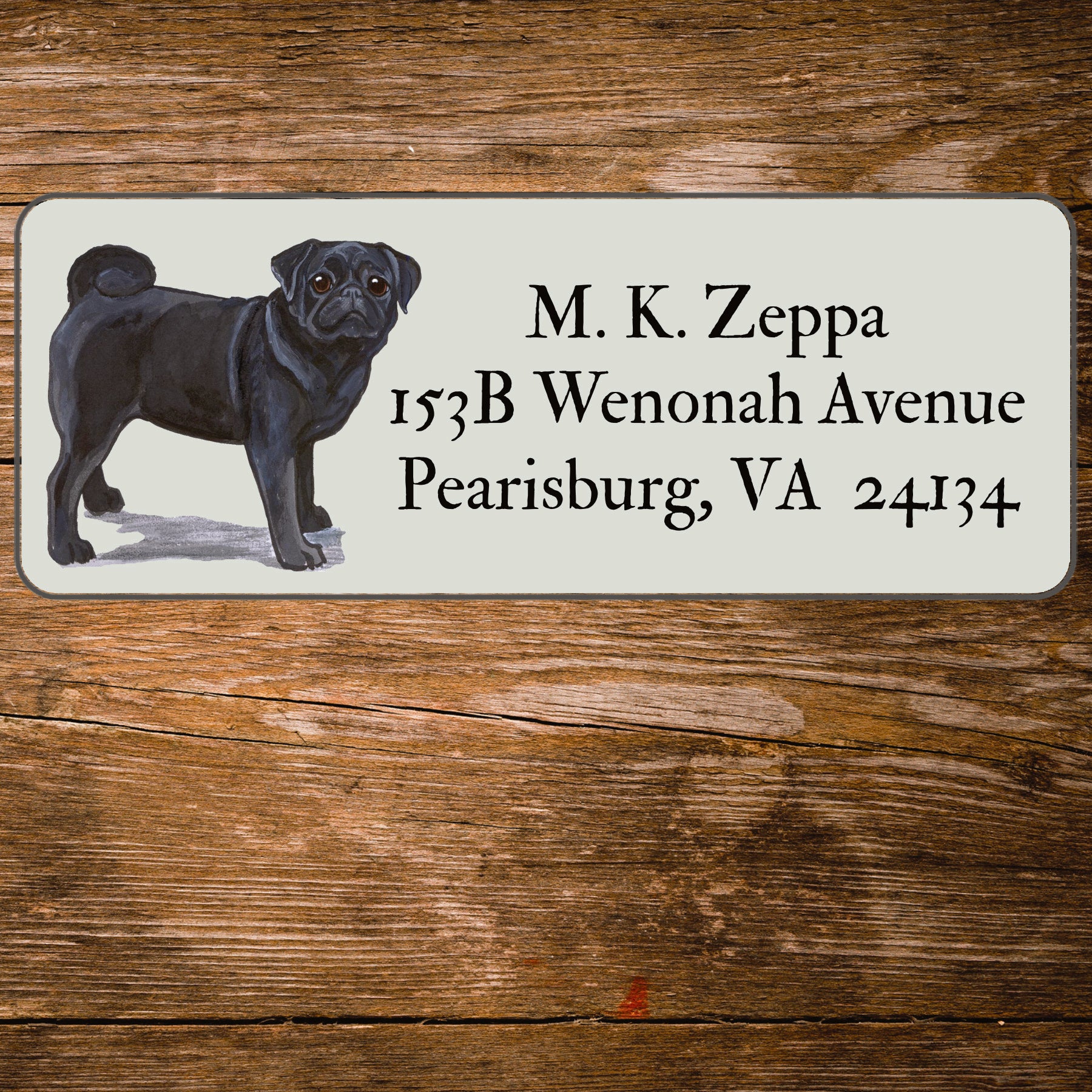 Return address label with a Pug Dog illustration.