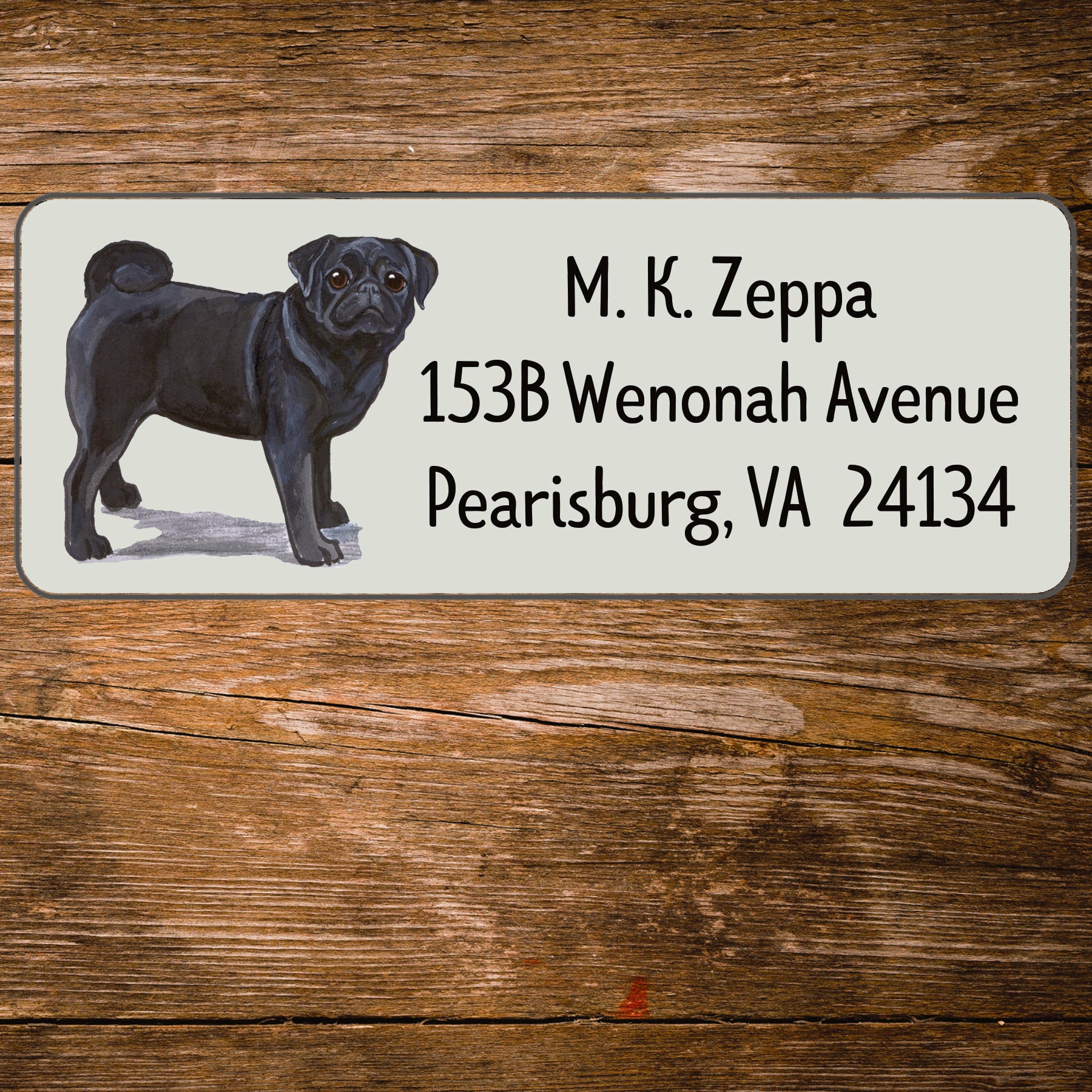Return address label with a Pug Dog illustration.