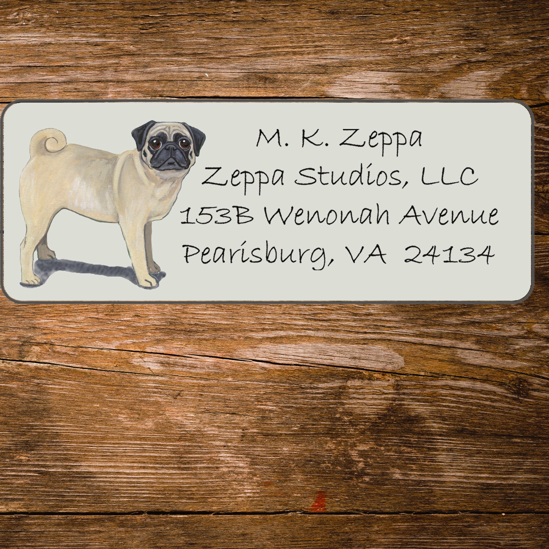 Return address label with a Pug Dog illustration.