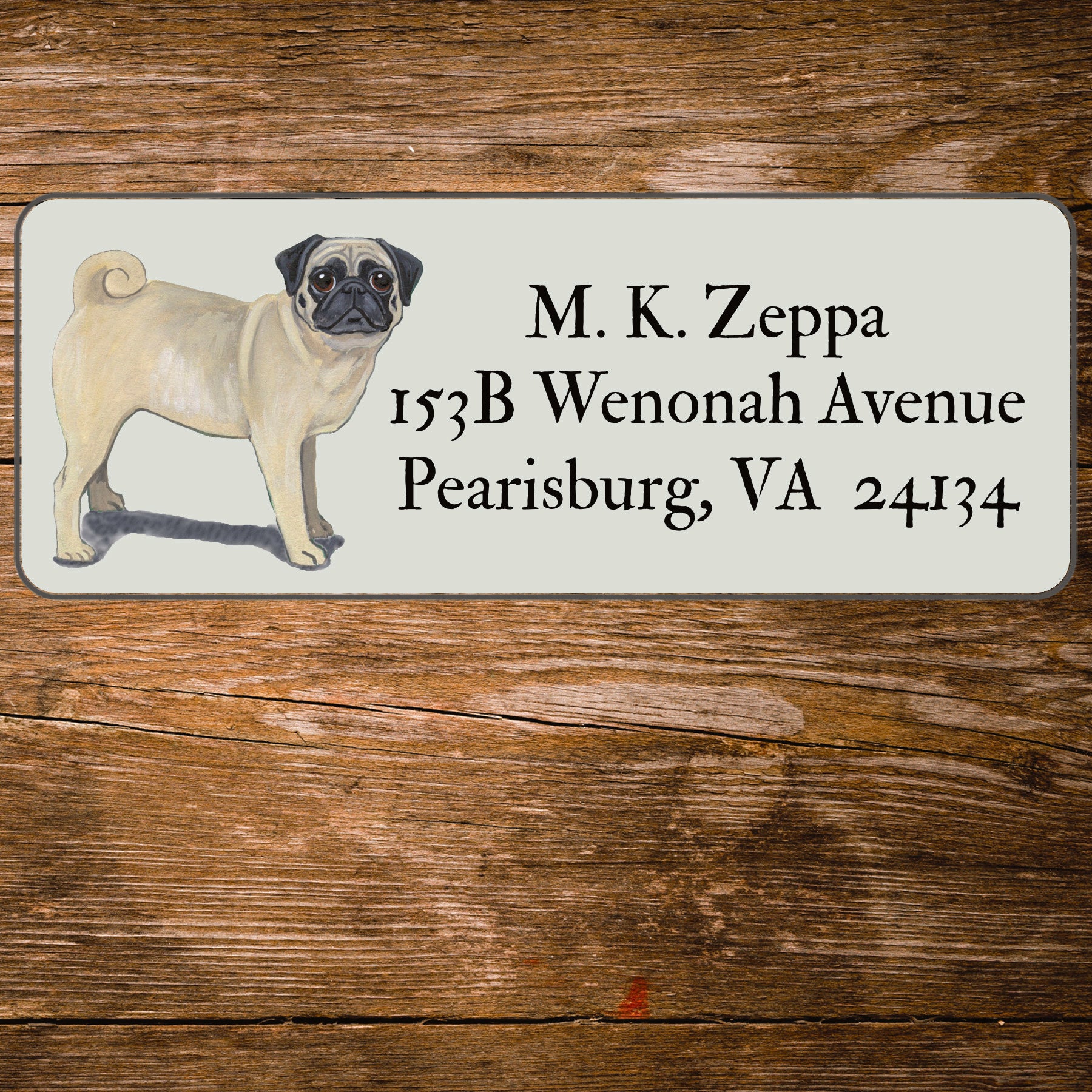 Return address label with a Pug Dog illustration.
