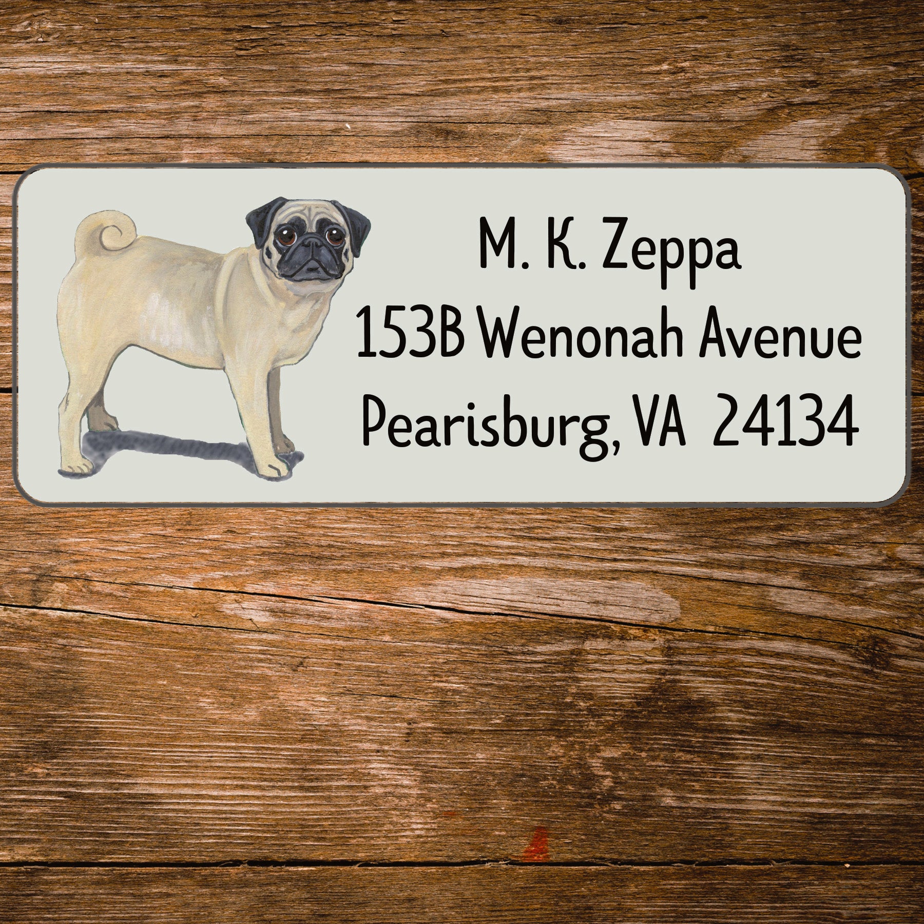Return address label with a Pug Dog illustration.
