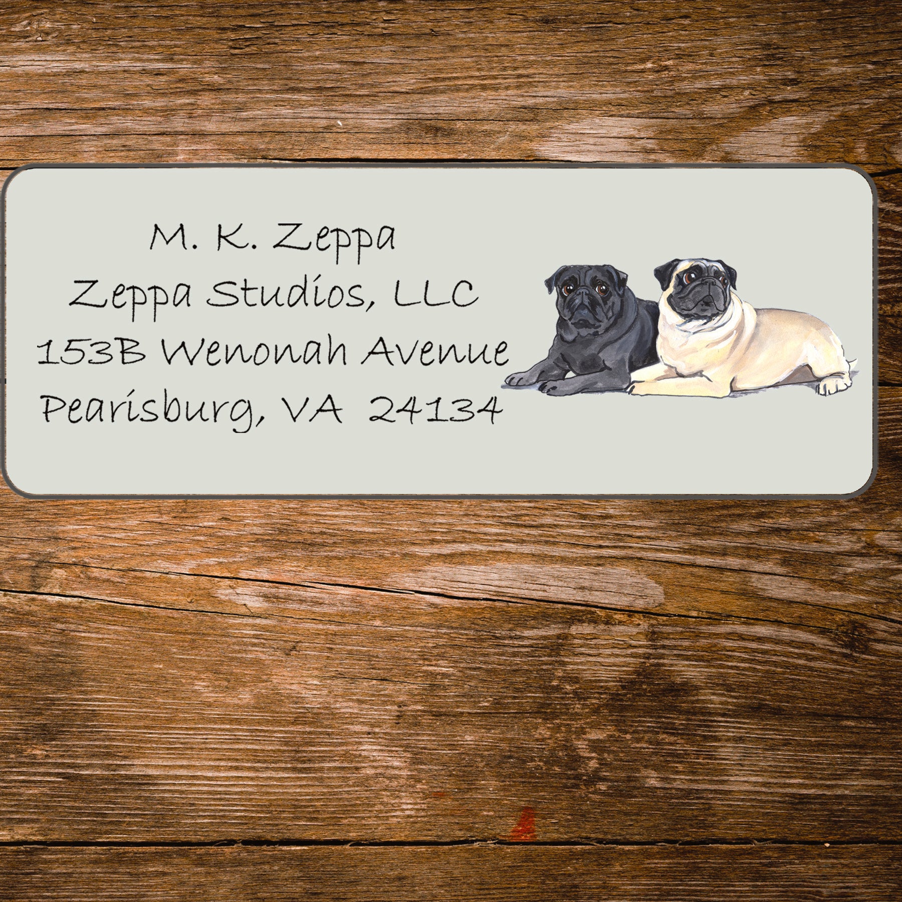 Return address label with a Pug Dog illustration.