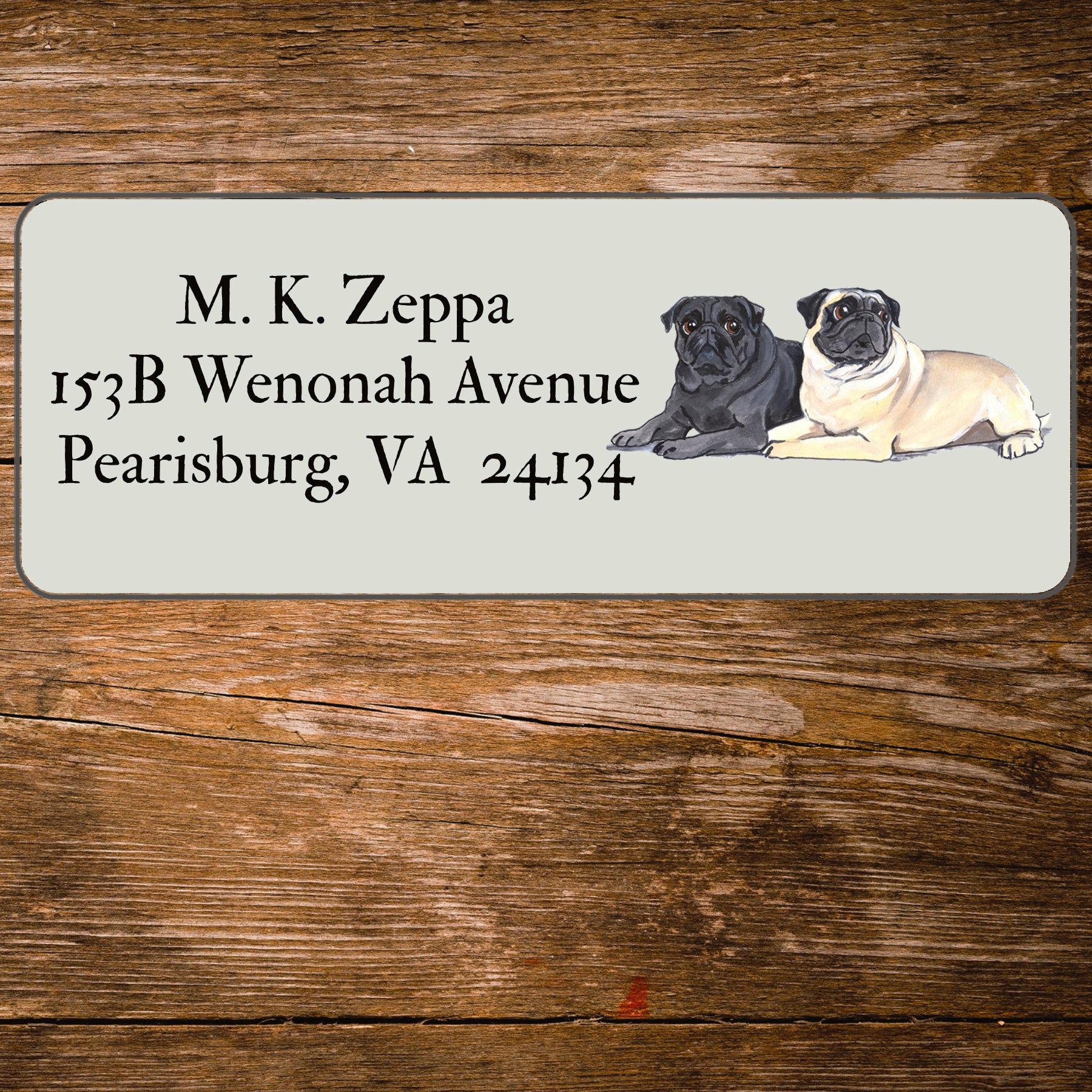 Return address label with a Pug Dog illustration.