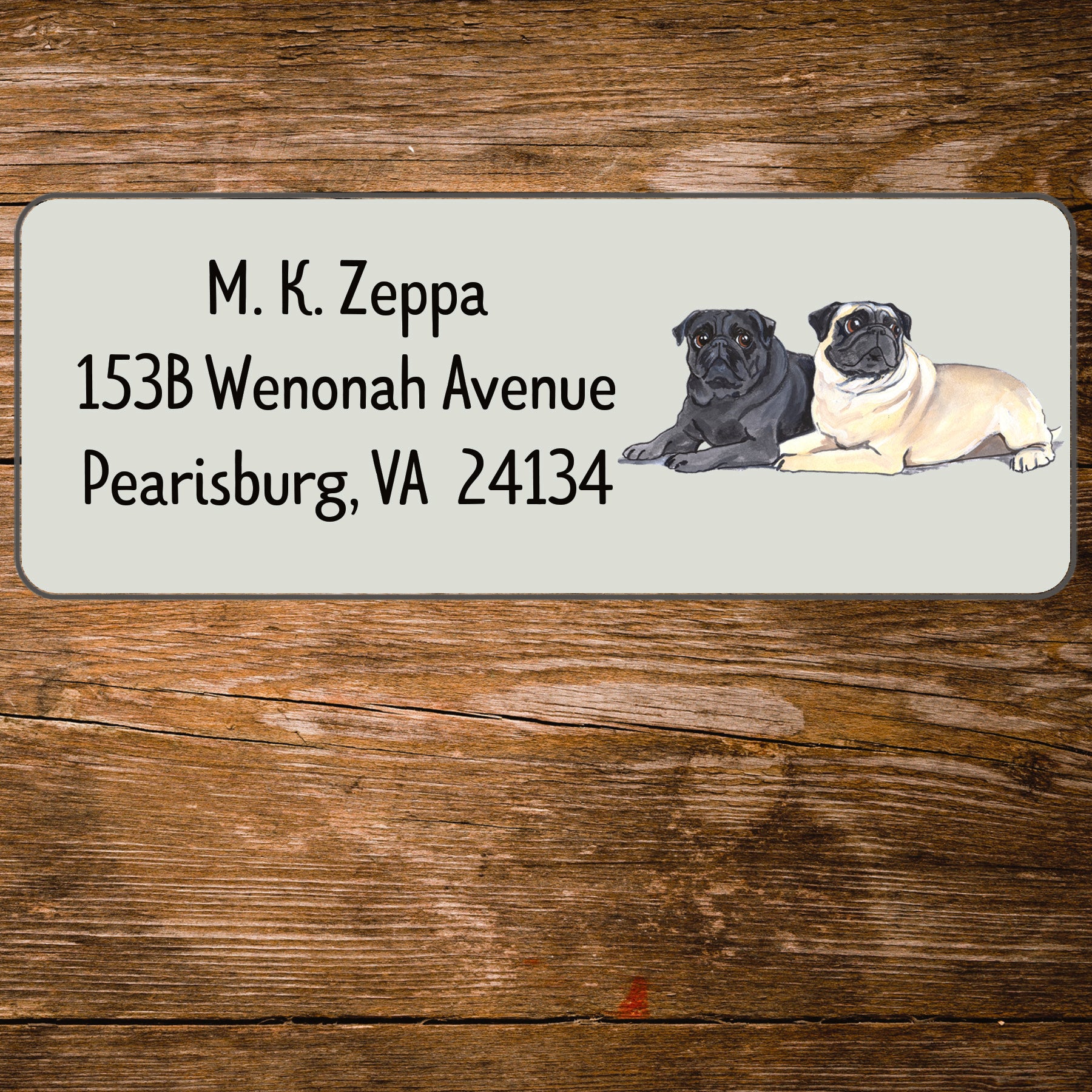 Return address label with a Pug Dog illustration.