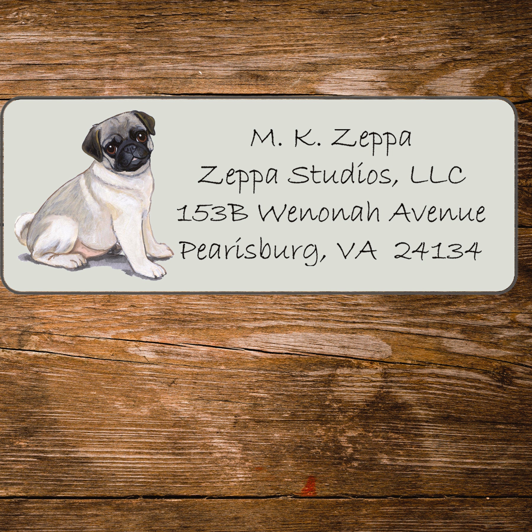 Return address label with a Pug Dog illustration.