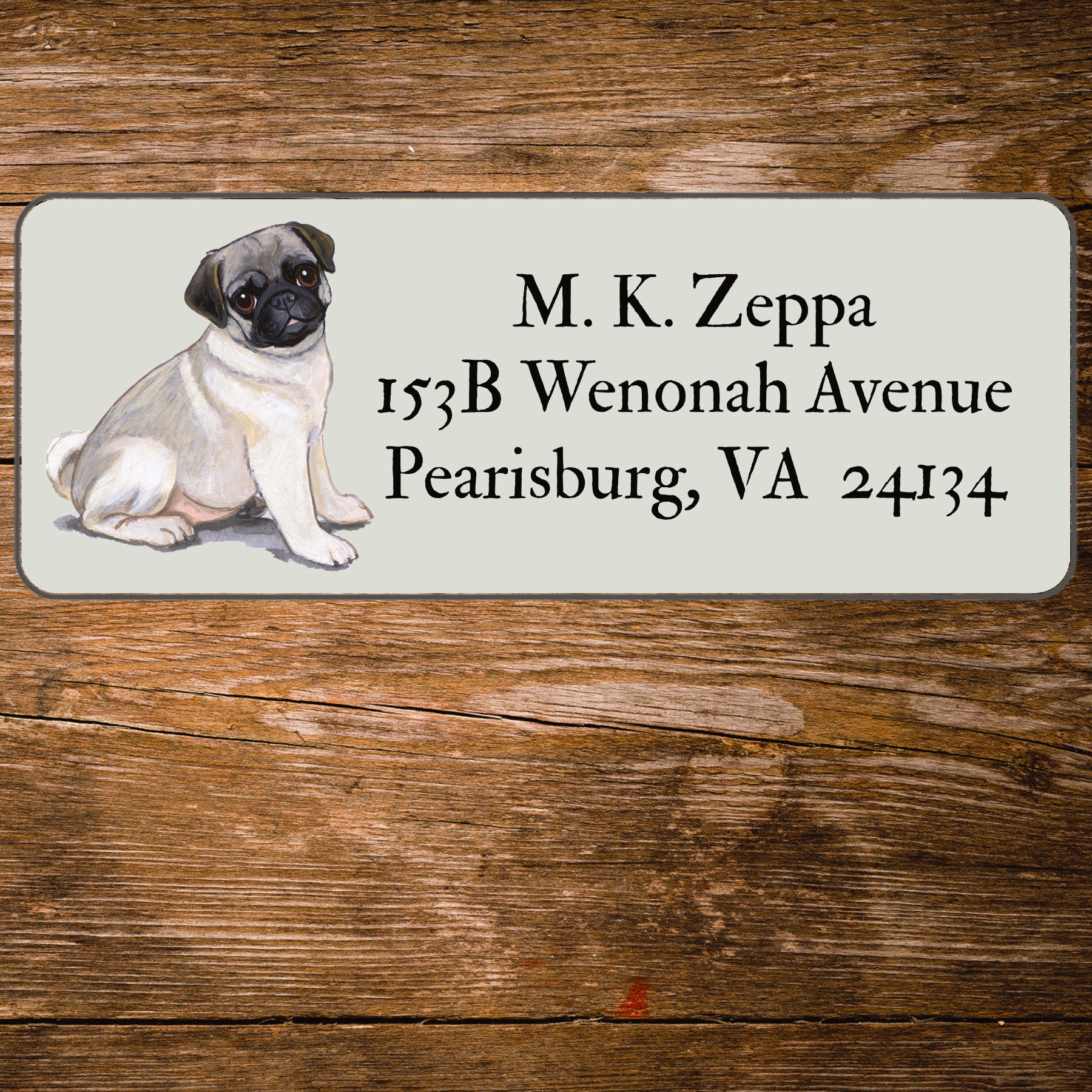 Return address label with a Pug Dog illustration.