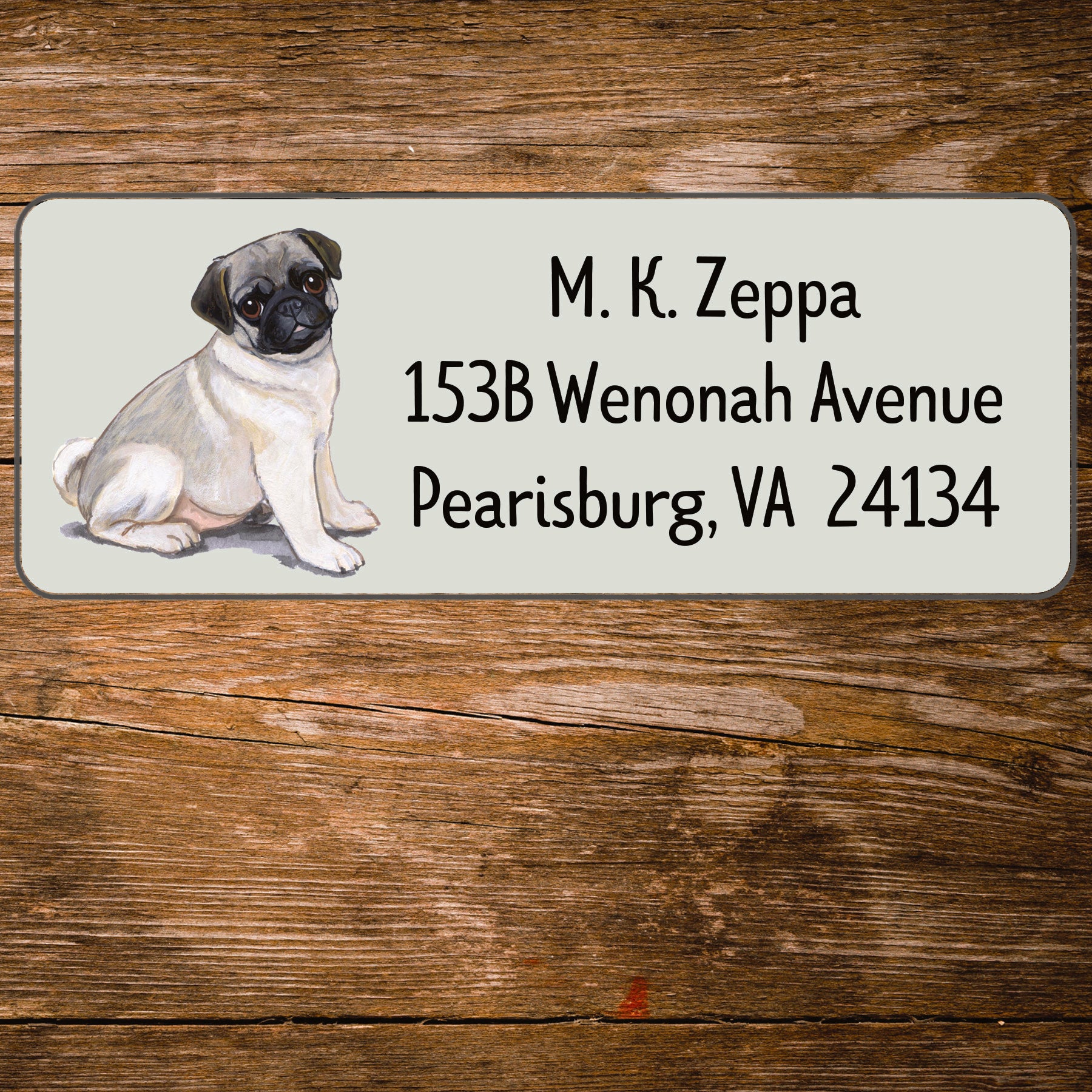 Return address label with a Pug Dog illustration.