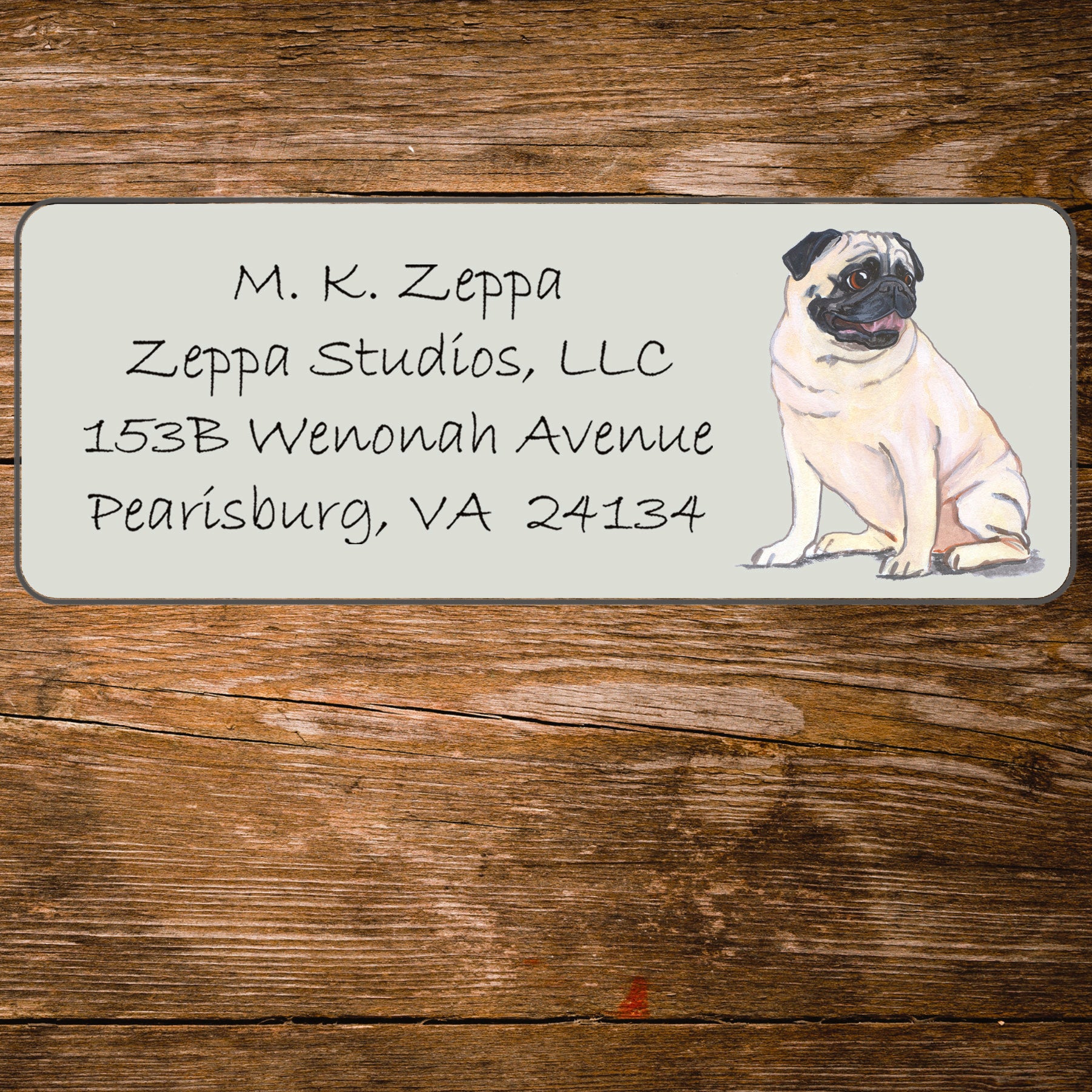 Return address label with a Pug Dog illustration.